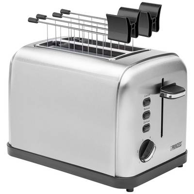 A two-slice silver toaster with black controls, a lever, and three function buttons on the side.
