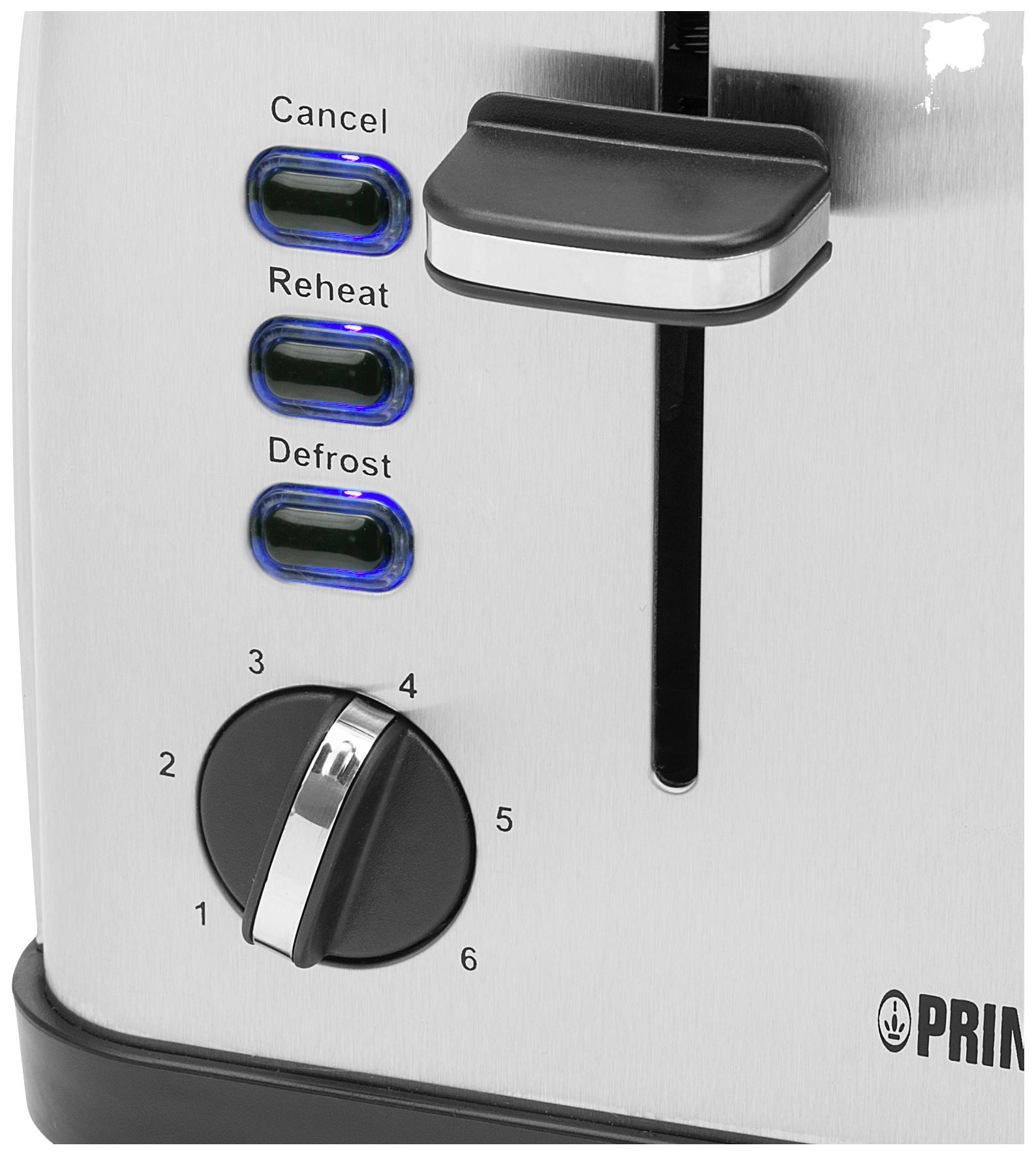 A toaster with three blue buttons: 'Cancel', 'Reheat', 'Defrost'. On the right, an adjustable dial from 1 to 6 for toasting.