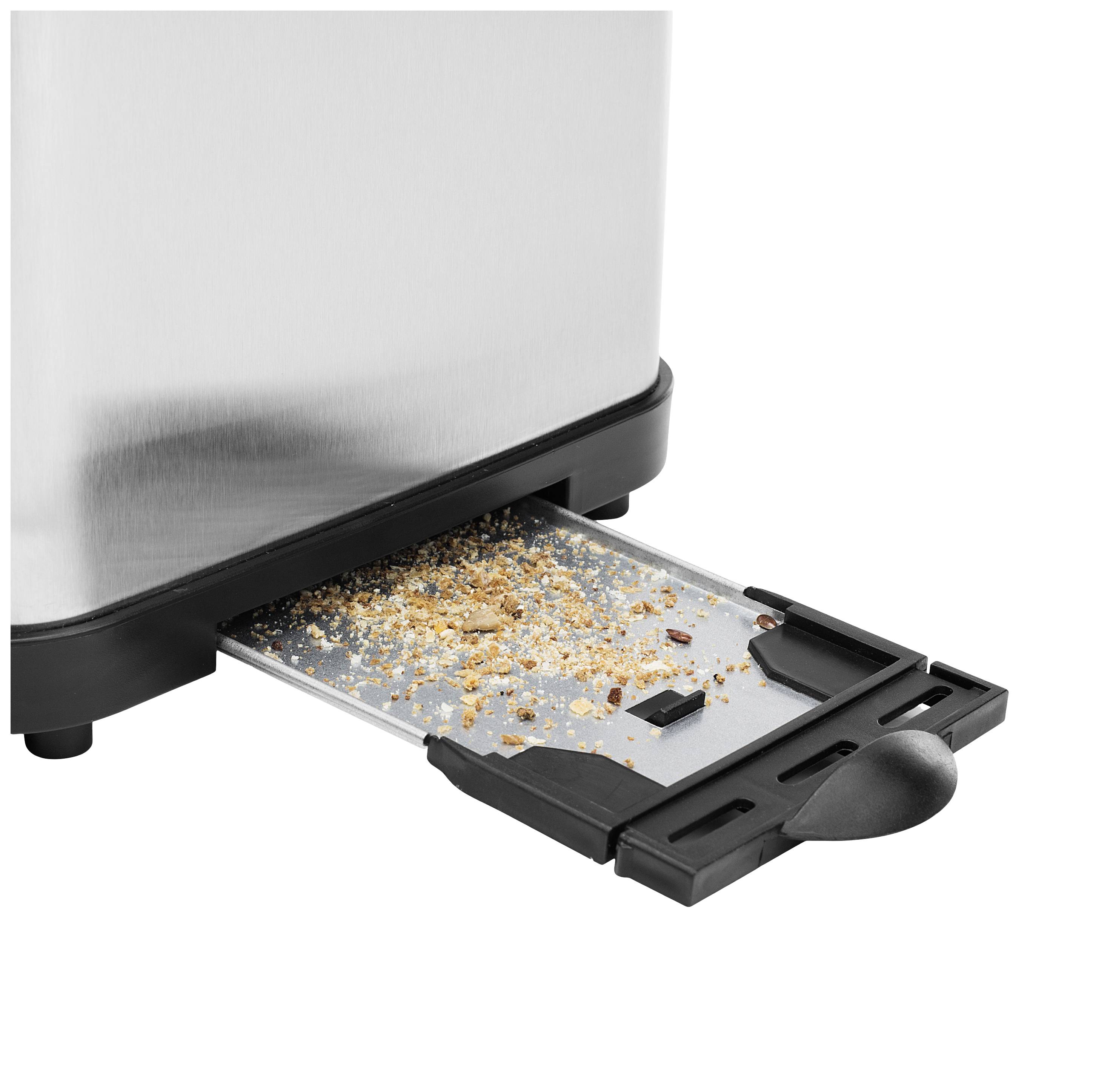 A toaster with a pulled-out crumb tray, filled with breadcrumbs.