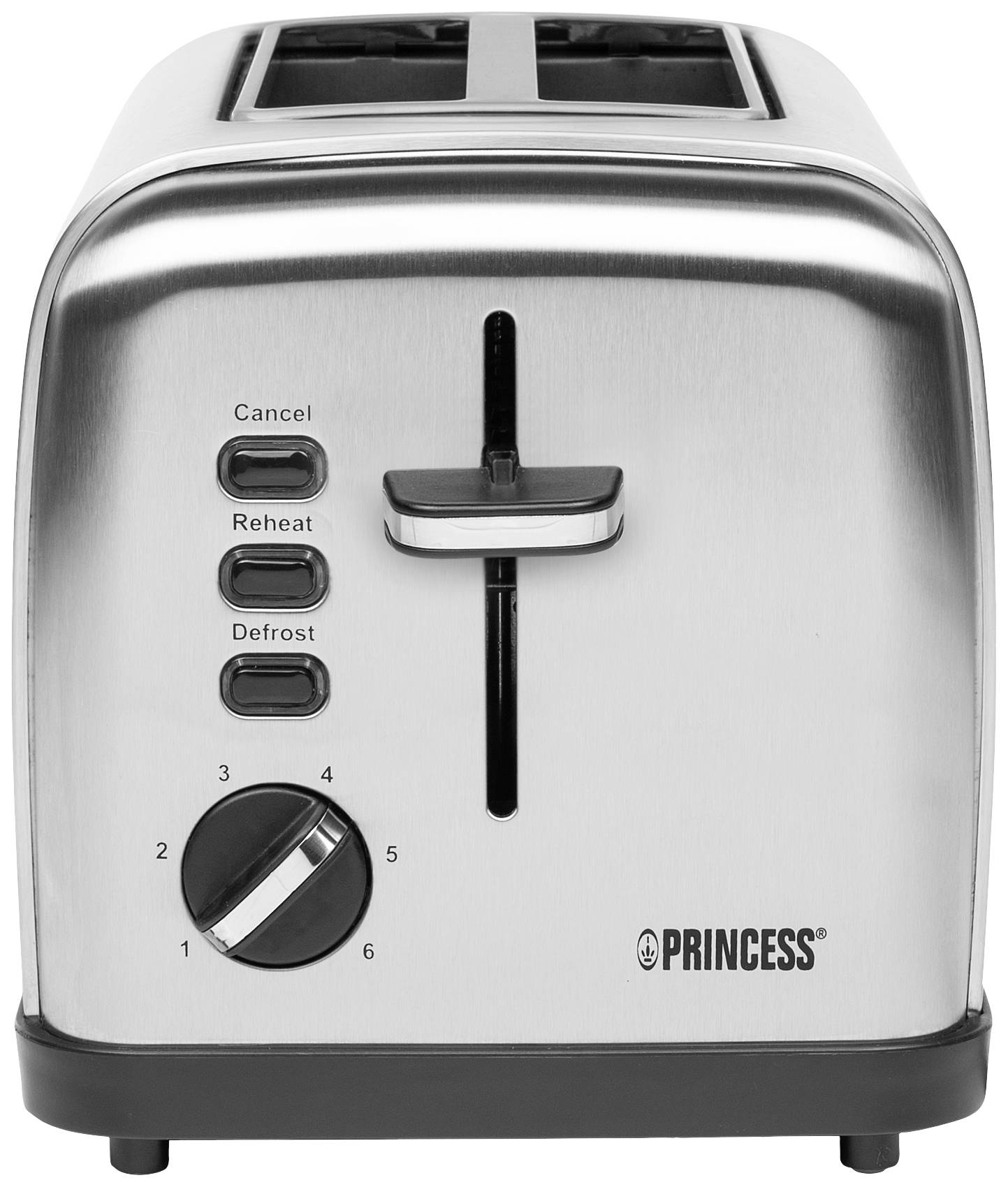 Silver two-slice toaster with three buttons ('Cancel', 'Reheat', 'Defrost'), a browning level dial, and brand logo.
