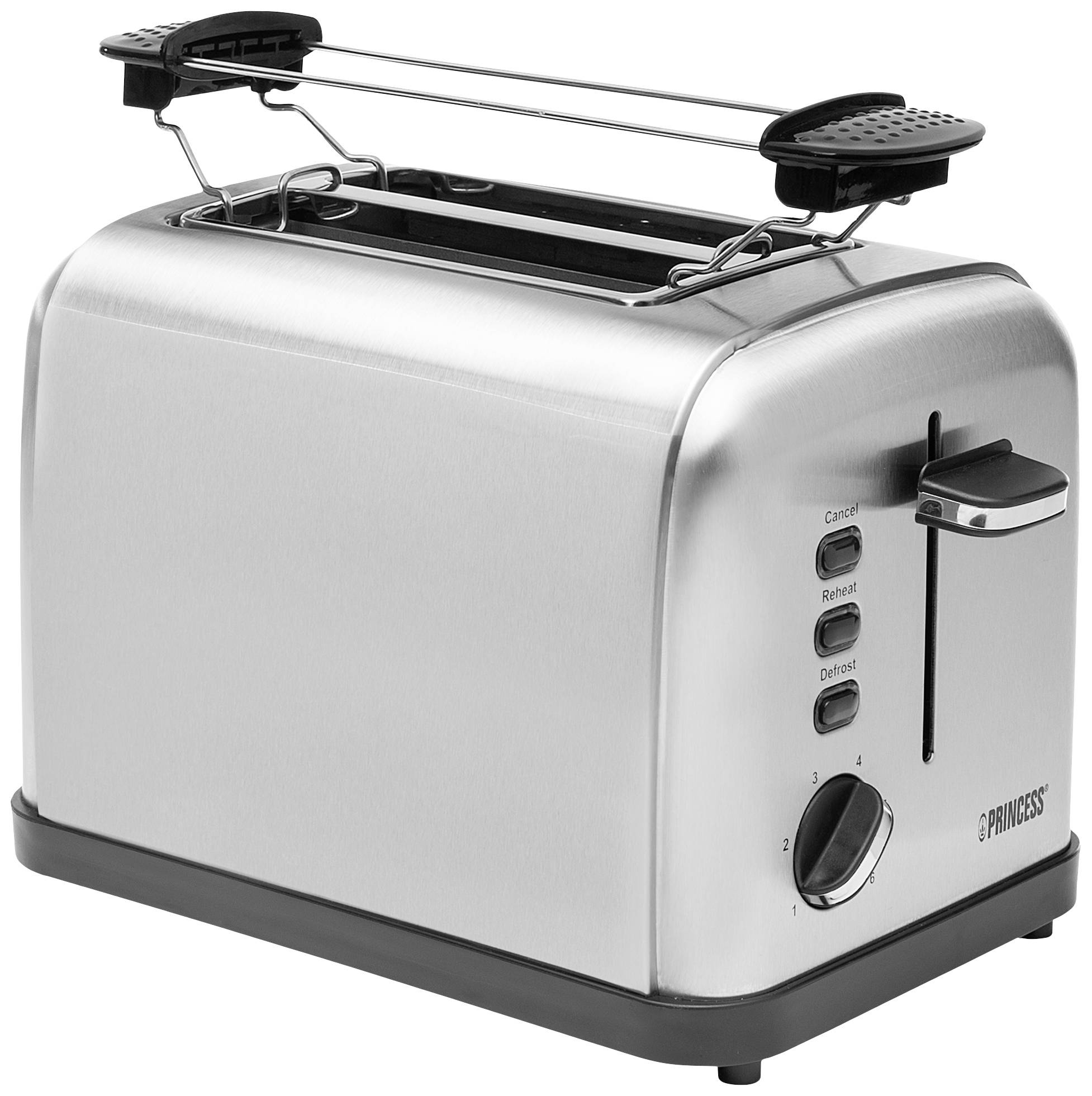Stainless steel toaster with two slots and a bread roll attachment, with side buttons for toast levels and functions such as stop and defrost.