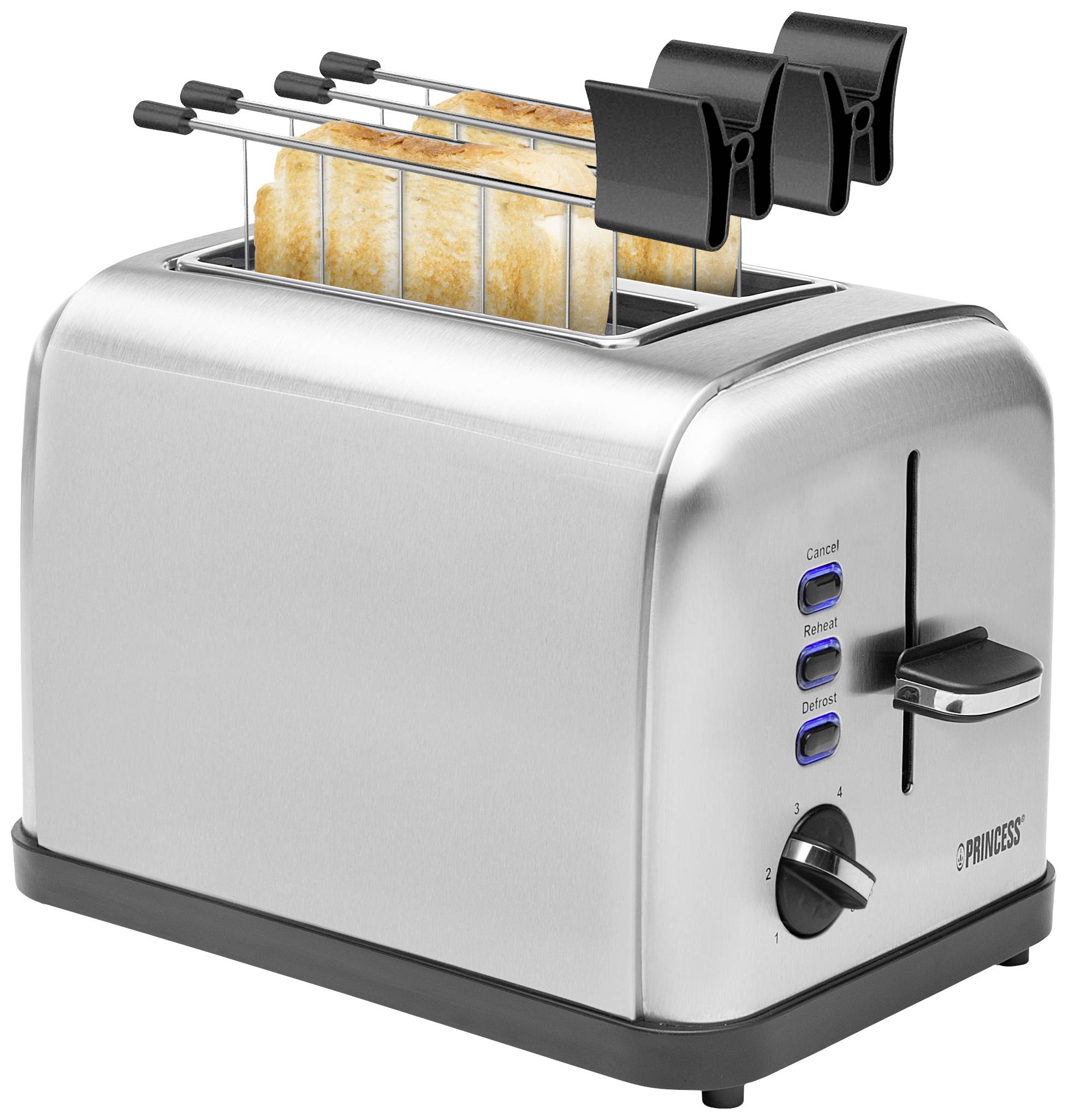 A silver two-slot toaster is toasting two slices of bread. Three buttons on the side are labelled 'Cancel', 'Reheat' and 'Defrost'.