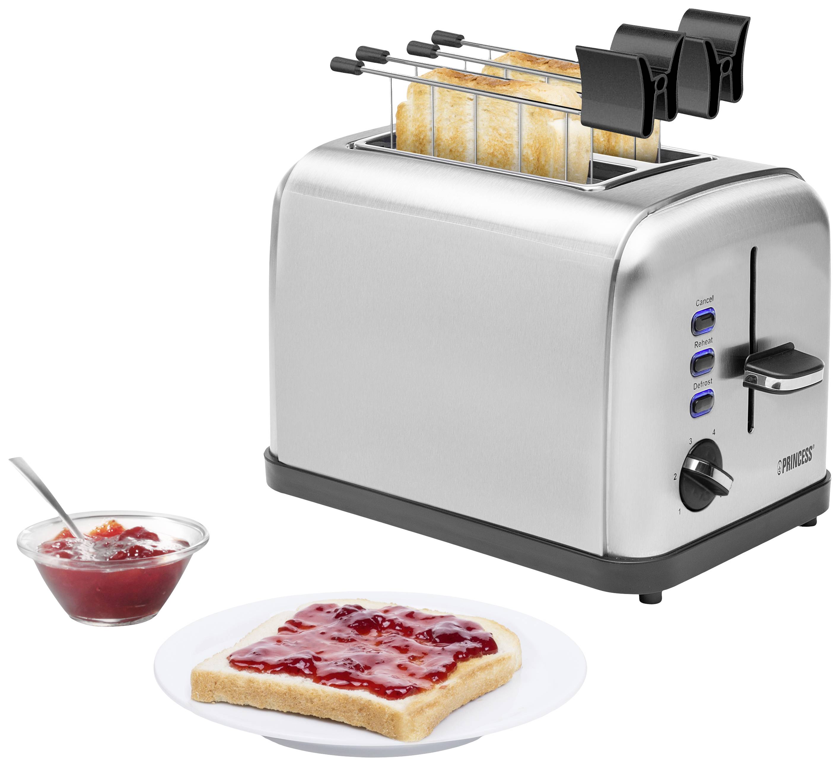 A two-slice toaster with two slices of bread, alongside a slice of toast with red jam on a plate and a small bowl of jam.
