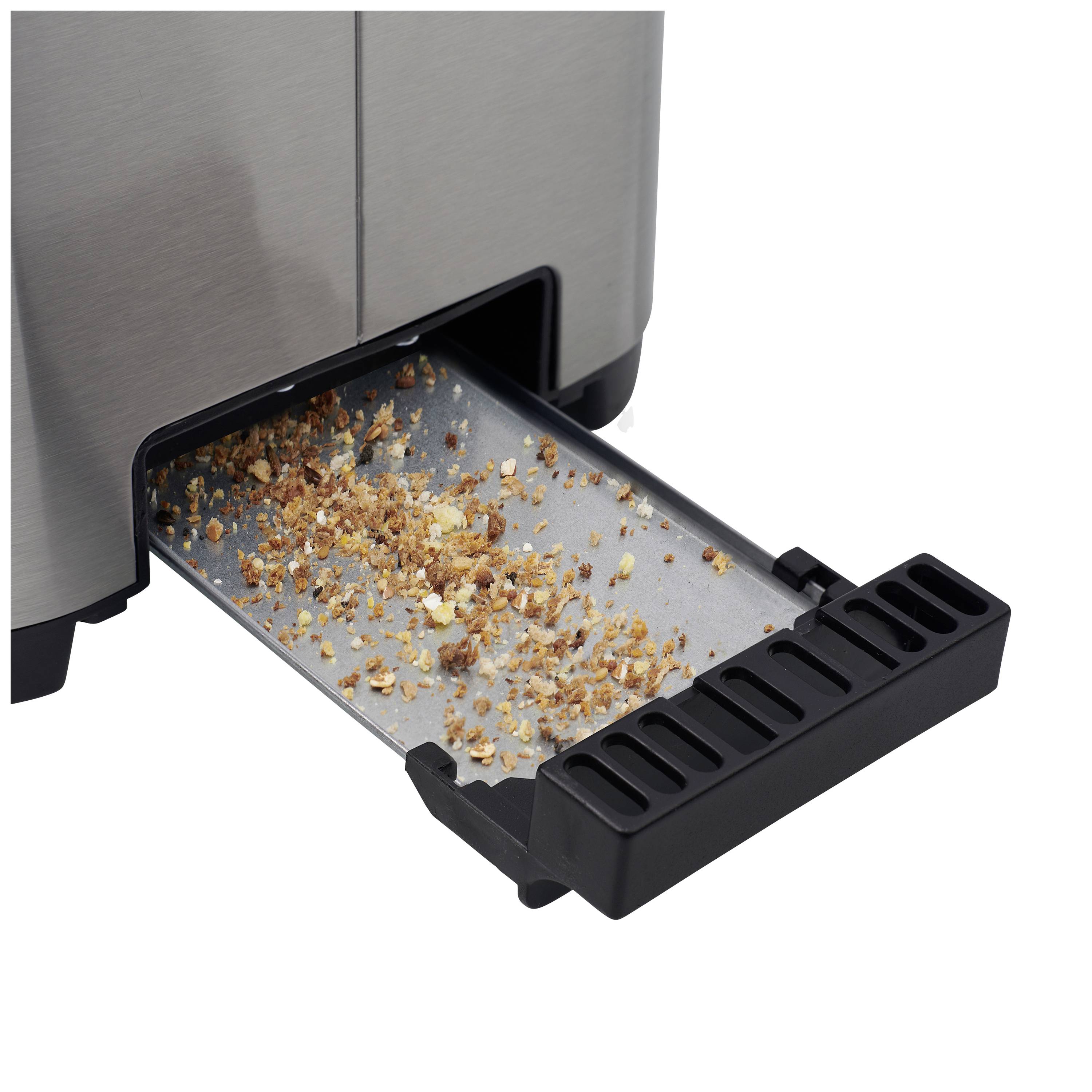 A toaster with a pulled-out crumb tray filled with breadcrumbs.