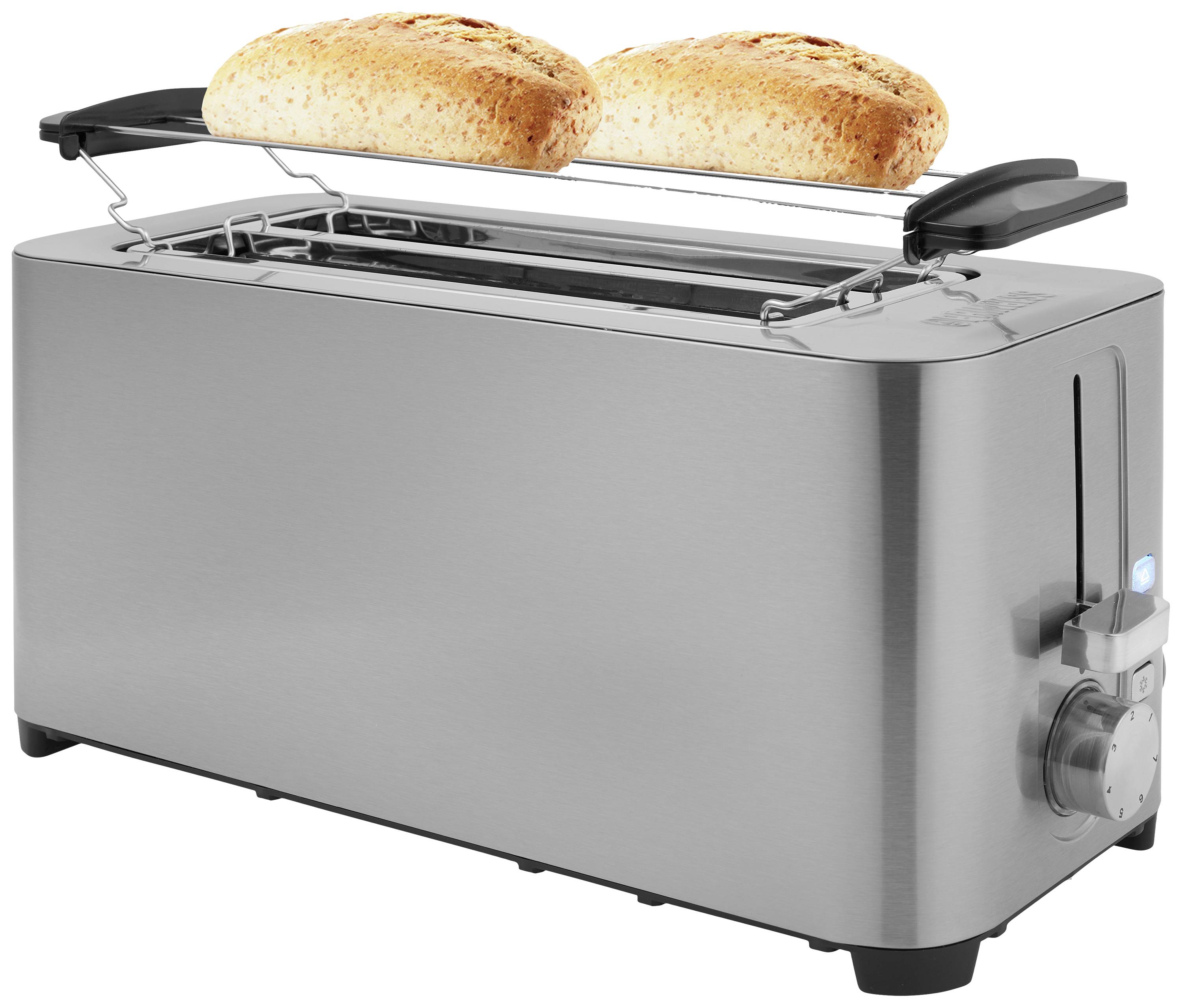 A silver two-slice toaster with two pieces of toasted bread on a crumpet rack.