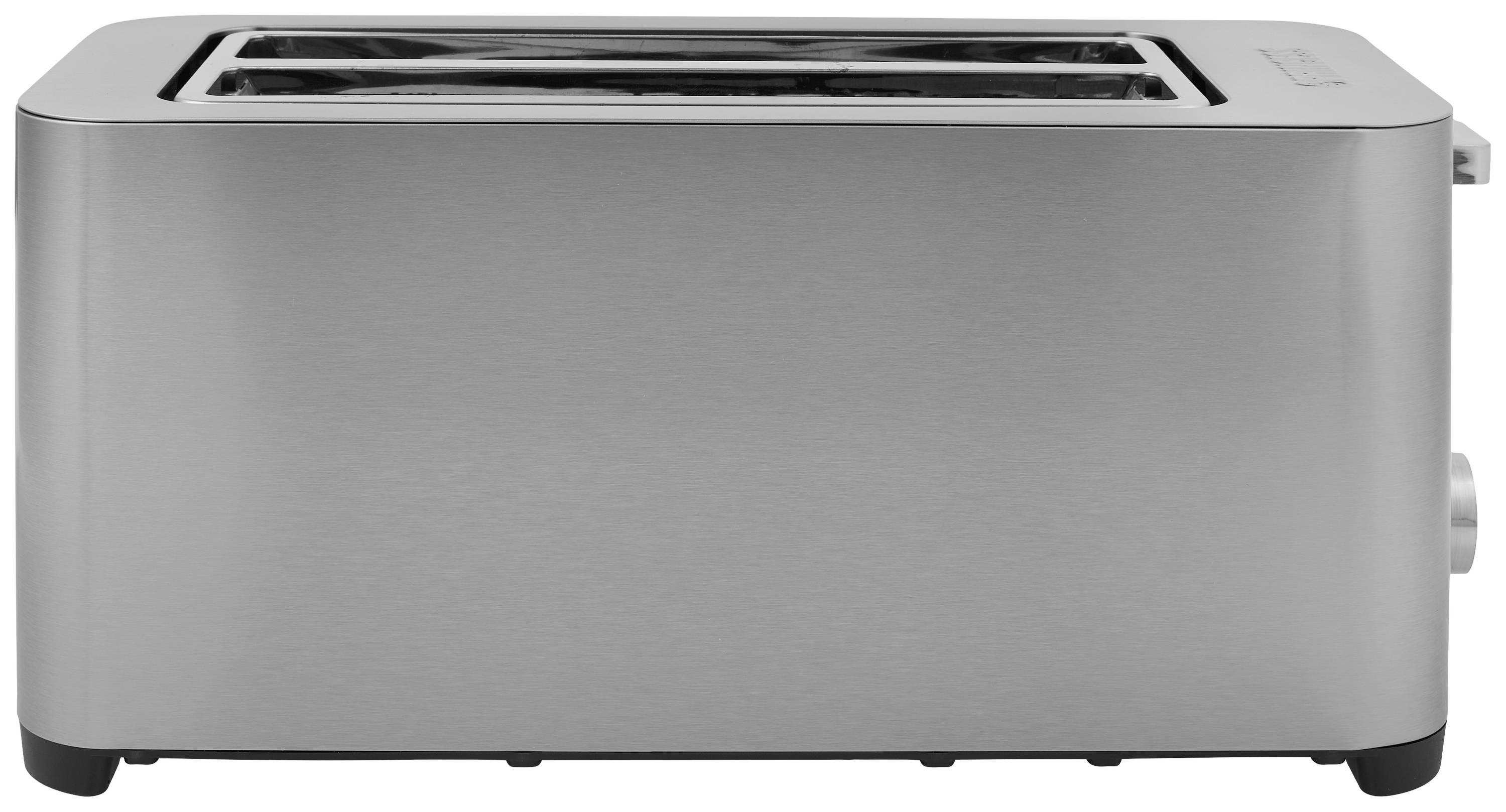 A stainless steel toaster with two slots, side control knob, modern and minimalist design.