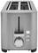 Stainless Steel Two-Slice Toaster with Rotary Dial for Browning Control and Buttons for Reheating and Defrosting.