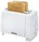 A white toaster with two golden-brown toasted slices of toast, brand TRISTAR, is sitting on a flat surface. A rotary dial is located on the right-hand side.