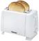 A white toaster with two slices of golden-toasted bread in the slots. Dial on the side for adjusting the browning level.