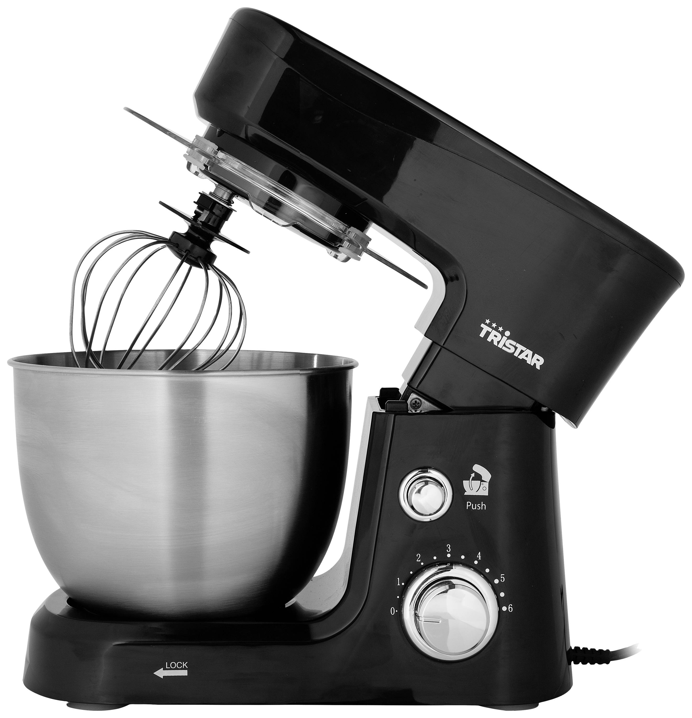 Black kitchen mixer with stainless steel bowl and whisk attachment by 'Tristar'. Suitable for kneading, mixing and whisking.