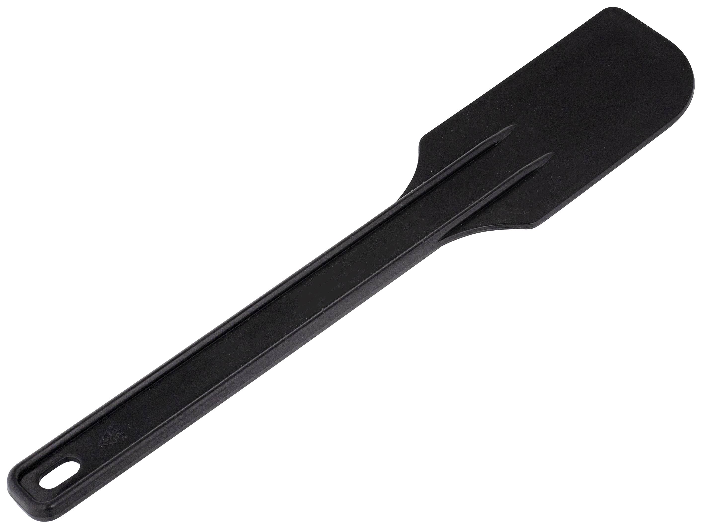 A black plastic spatula with a long handle and a rectangular flat end. Ideal for mixing and spreading.