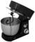 Black food mixer with silver mixing bowl and dough hook attachment.