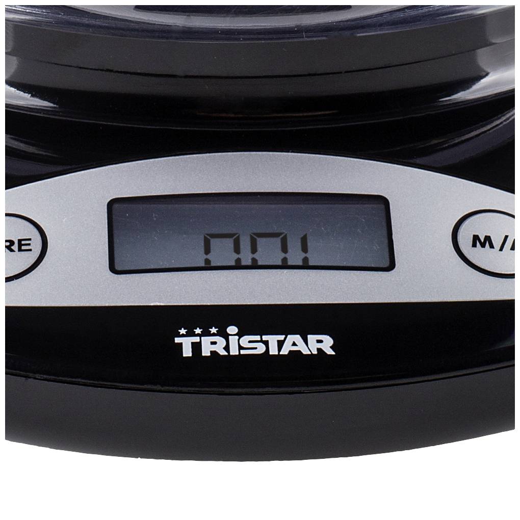 Digital kitchen scales with a display showing '0.01' grams and a black casing; Tristar brand visible.