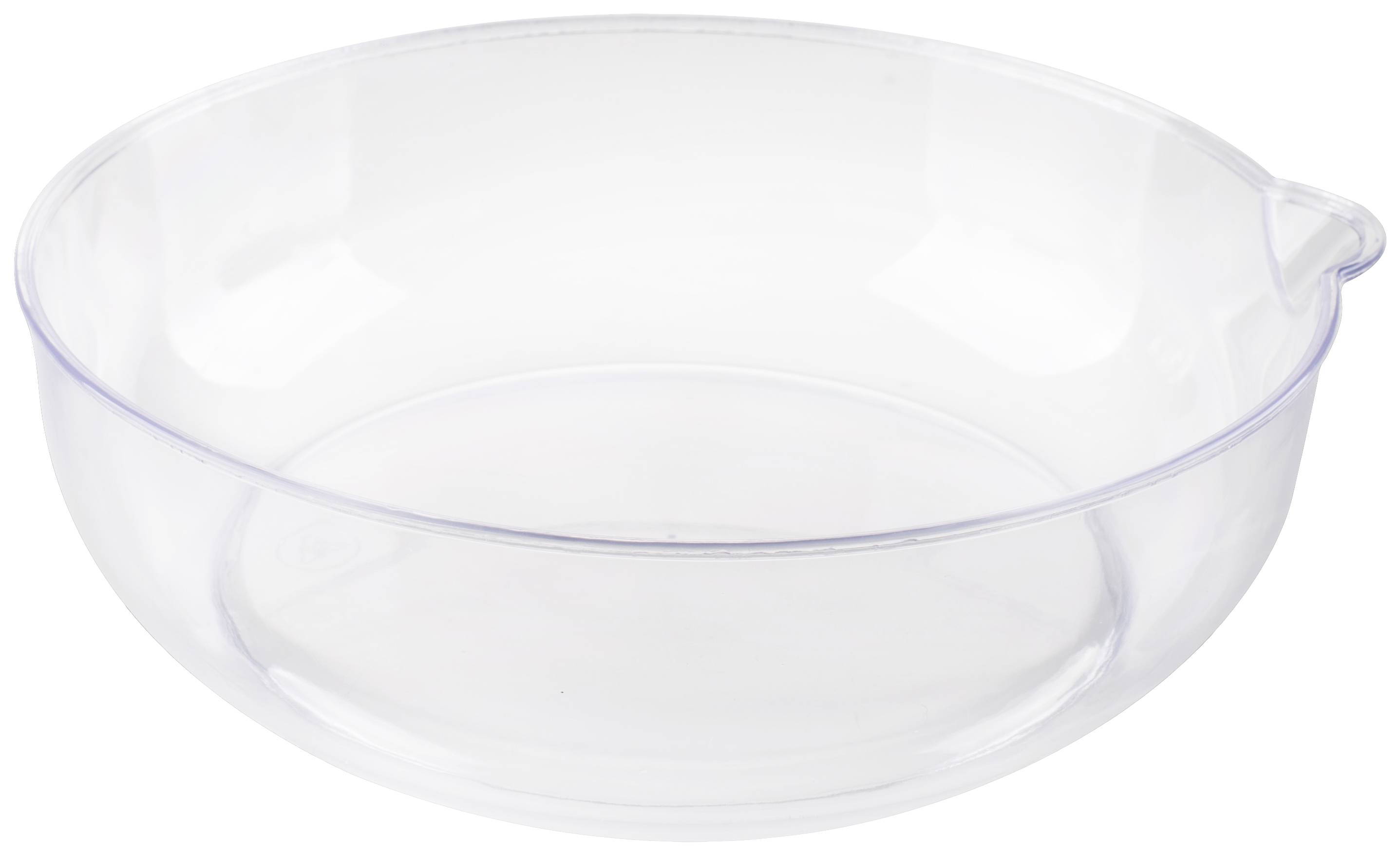 A transparent, shallow plastic container that is empty and clean. It has a small spout at the edge for pouring liquids.