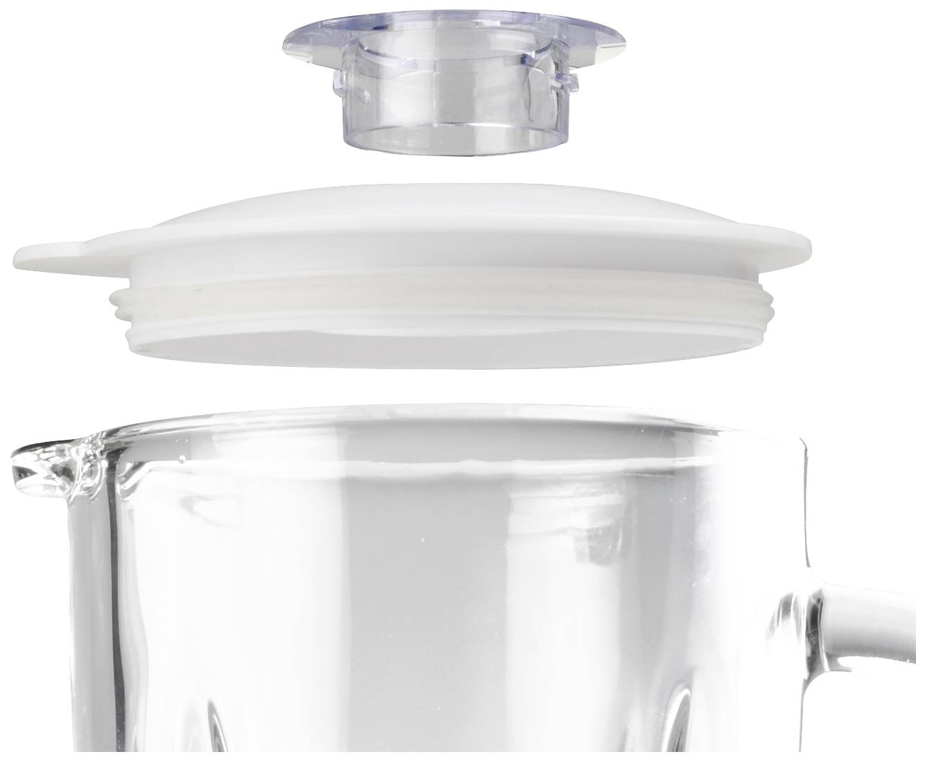 A clear container with a white and transparent lid hovering above it shows the components of a sealable vessel.