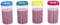 Four transparent cups with red smoothies, each covered with a blue, green, yellow and red lid.
