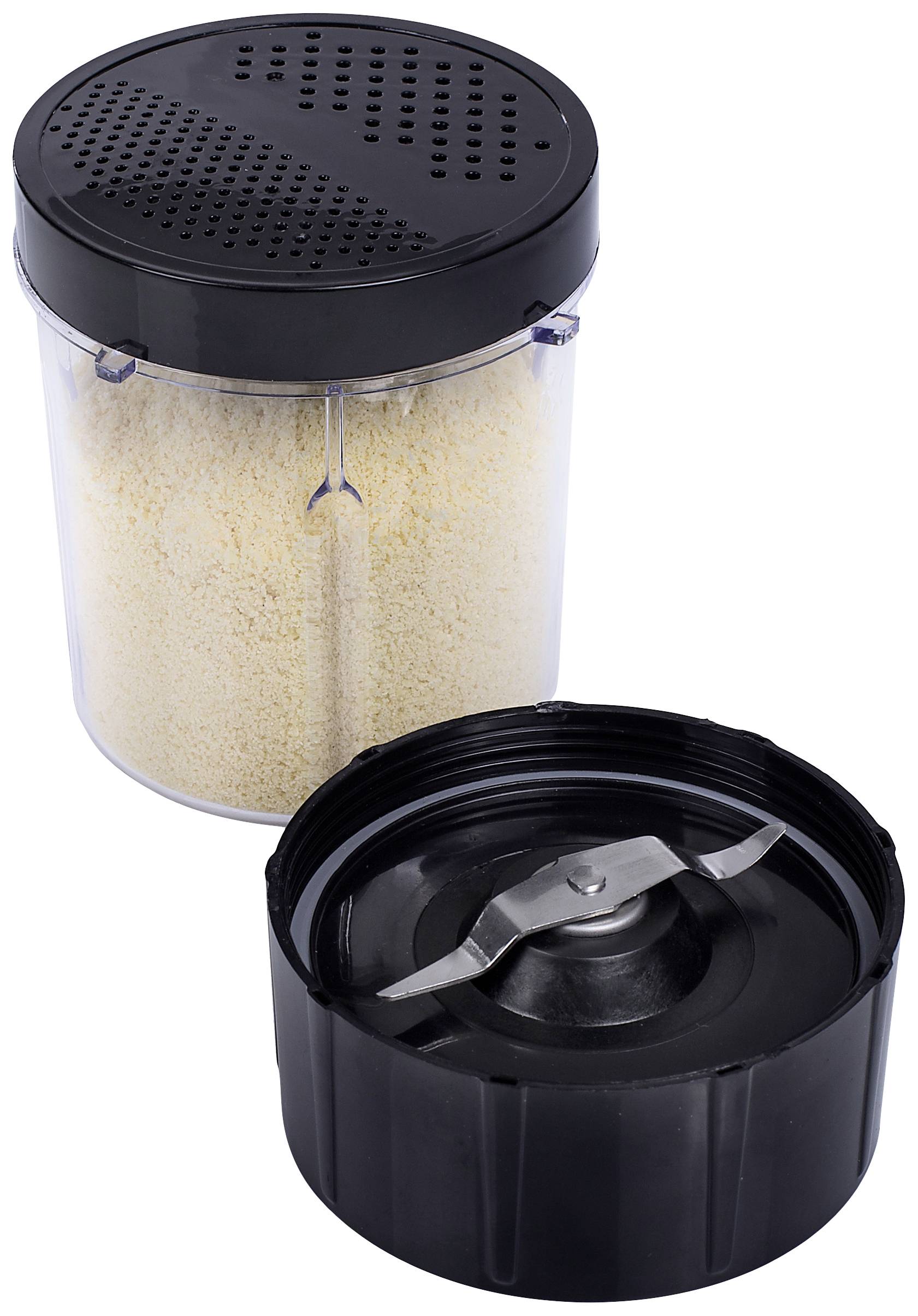 An open container with a removable black lid, filled with grated cheese. Beside it, a detachable part with blades.