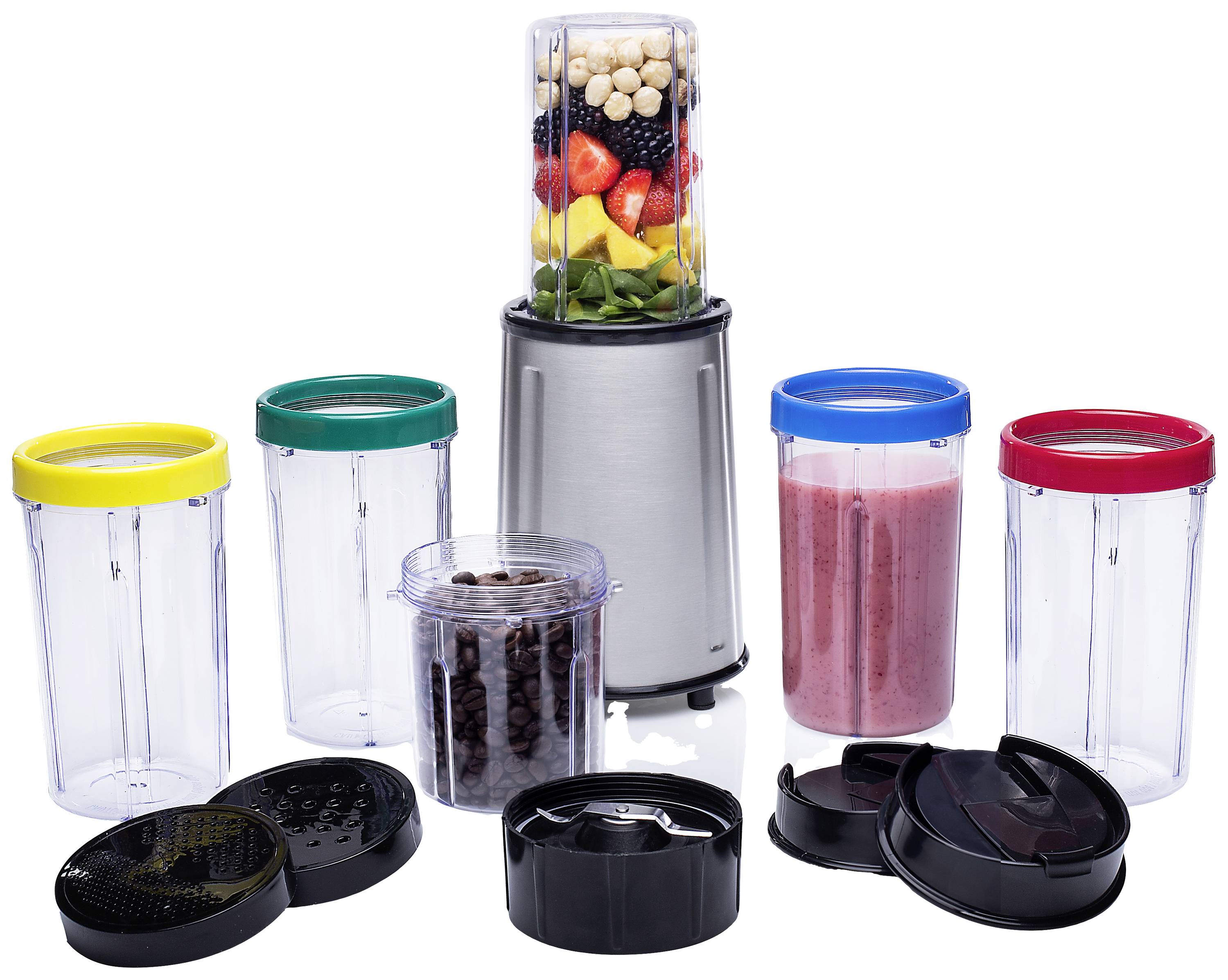 A silver blender with a glass full of fruit and vegetables. Surrounded by several mixing containers with multi-coloured lids.