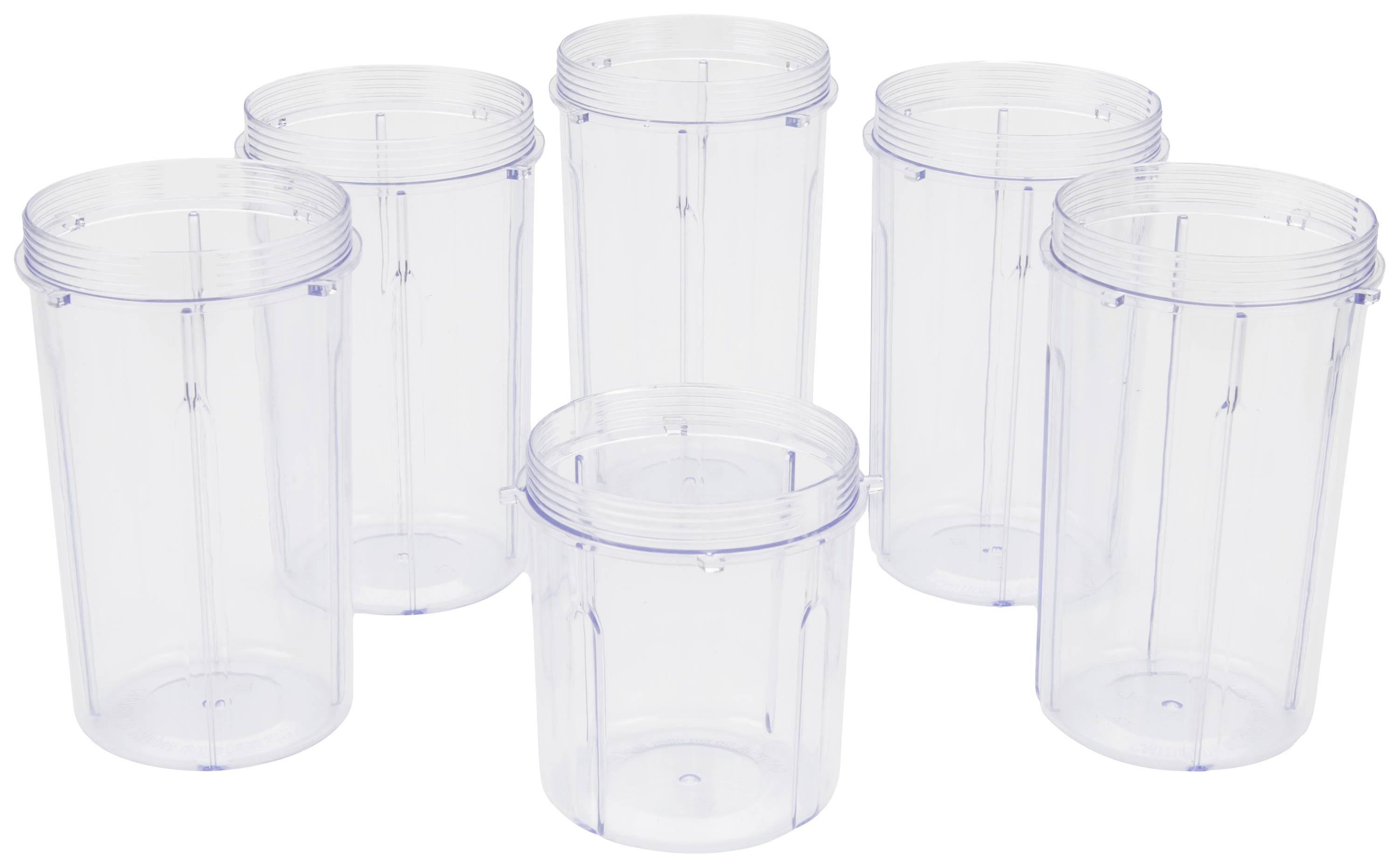Six transparent plastic containers are symmetrically arranged in two rows, with three containers in each row.