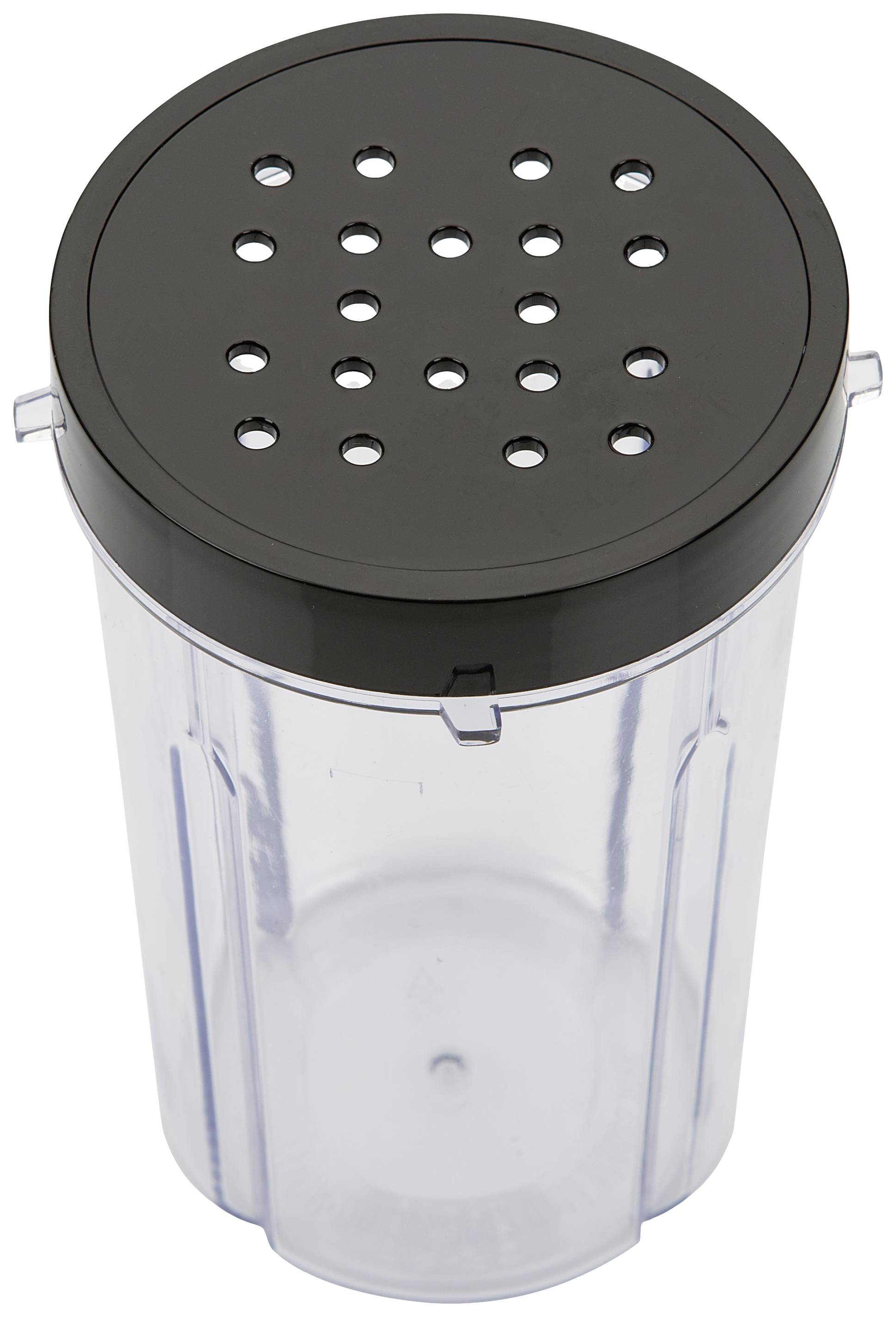 A transparent container with a black lid that has holes.
