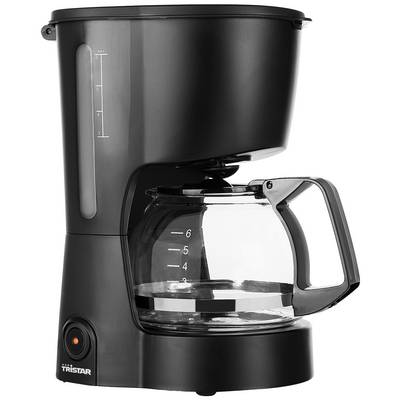 'Black filter coffee machine with glass carafe, water level indicator on the side and a lamp indicator light at the base.'