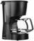 'Black filter coffee machine with glass carafe, water level indicator on the side and a lamp indicator light at the base.'
