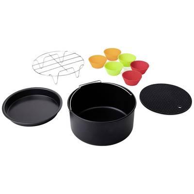 Various kitchen utensils: round baking tin, wire rack, silicone muffin cases in orange, green and red, baking tray with handle, round mat.