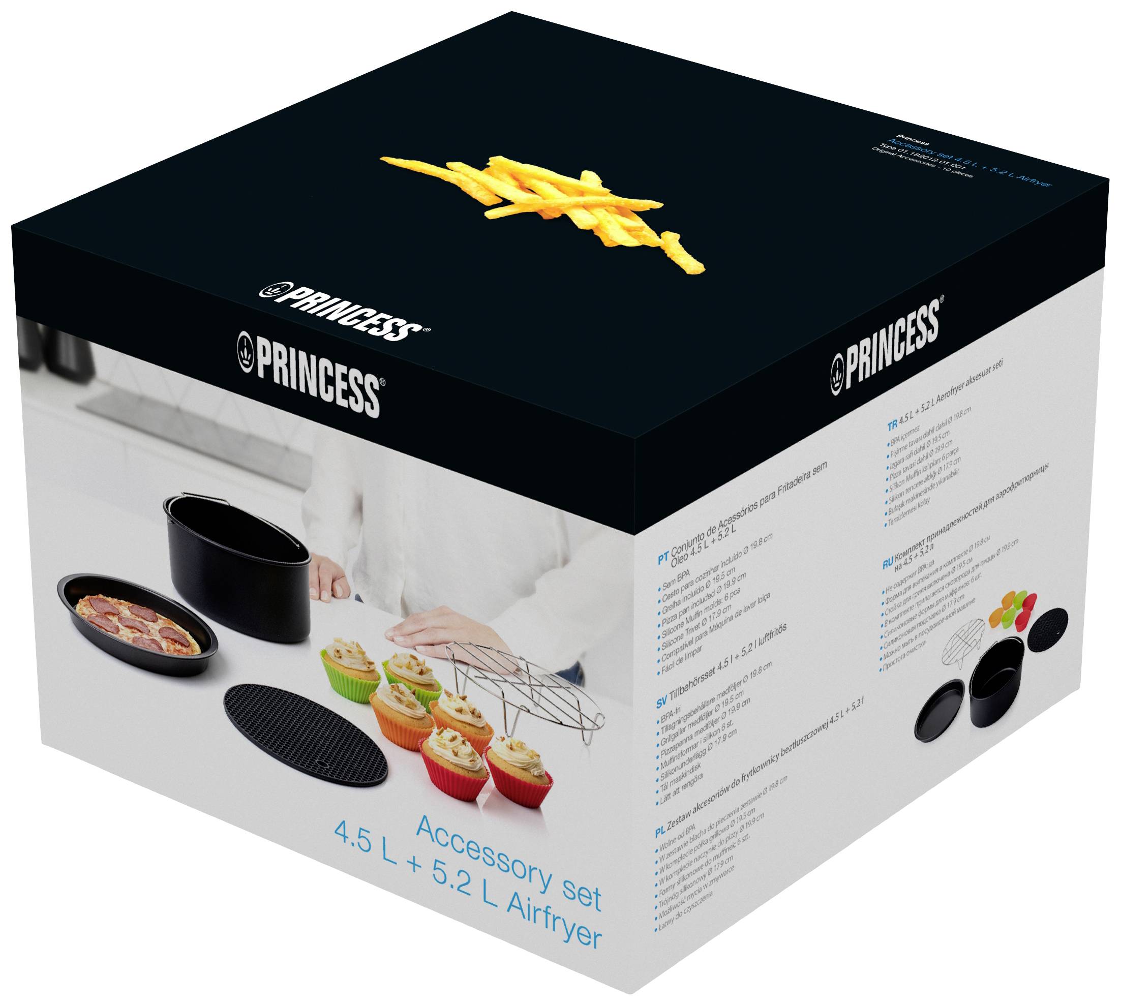 Packaging of the Princess Airfryer Accessory Set with 4.5 L and 5.2 L capacity. Pictured are a baking tray, grill rack, silicone mat, and chips.