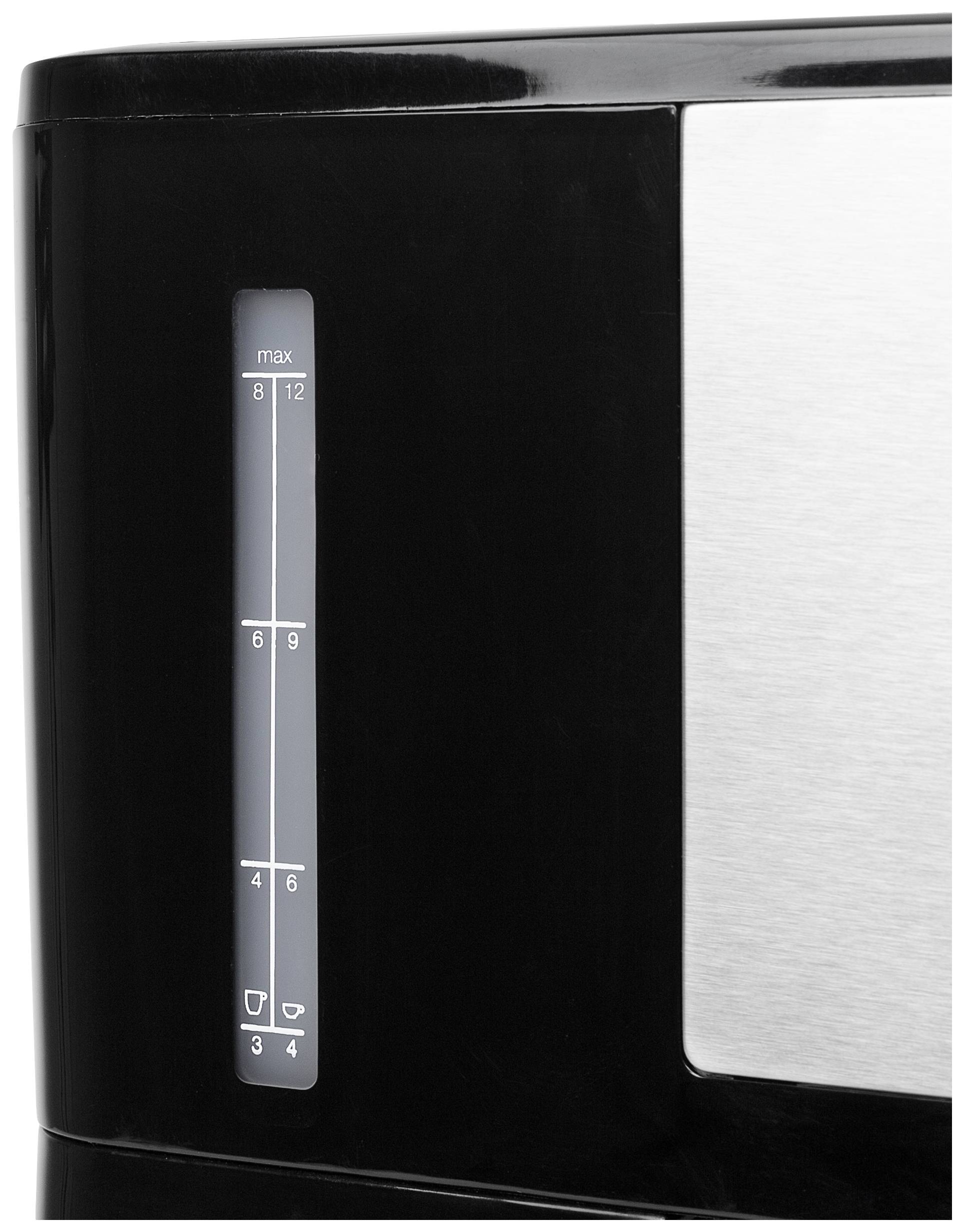 Black coffee machine with silver elements and water level indicator on the left side. Scale ranges from 4 to 12 cups.