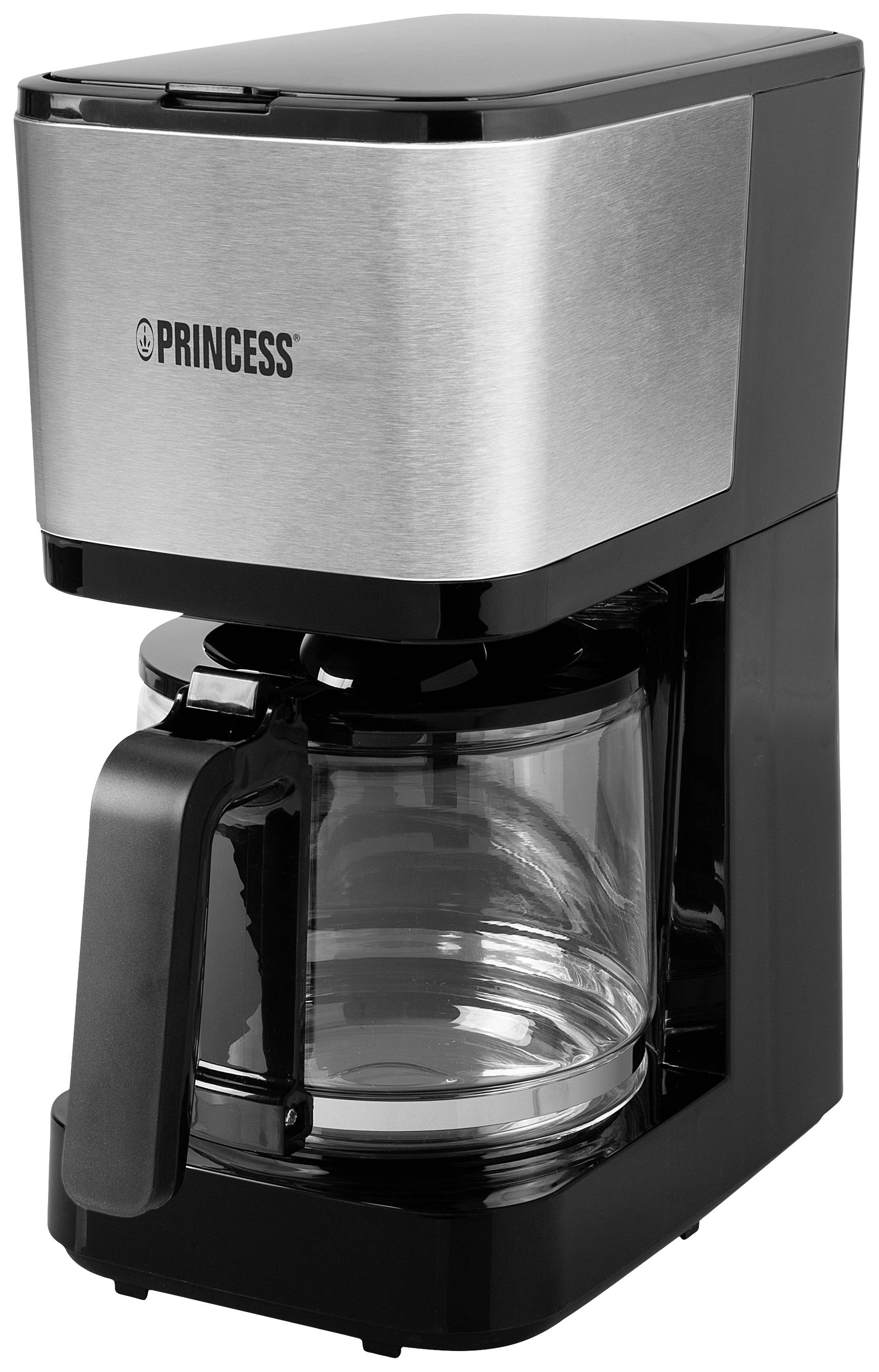 A silver and black coffee machine with a glass carafe underneath.