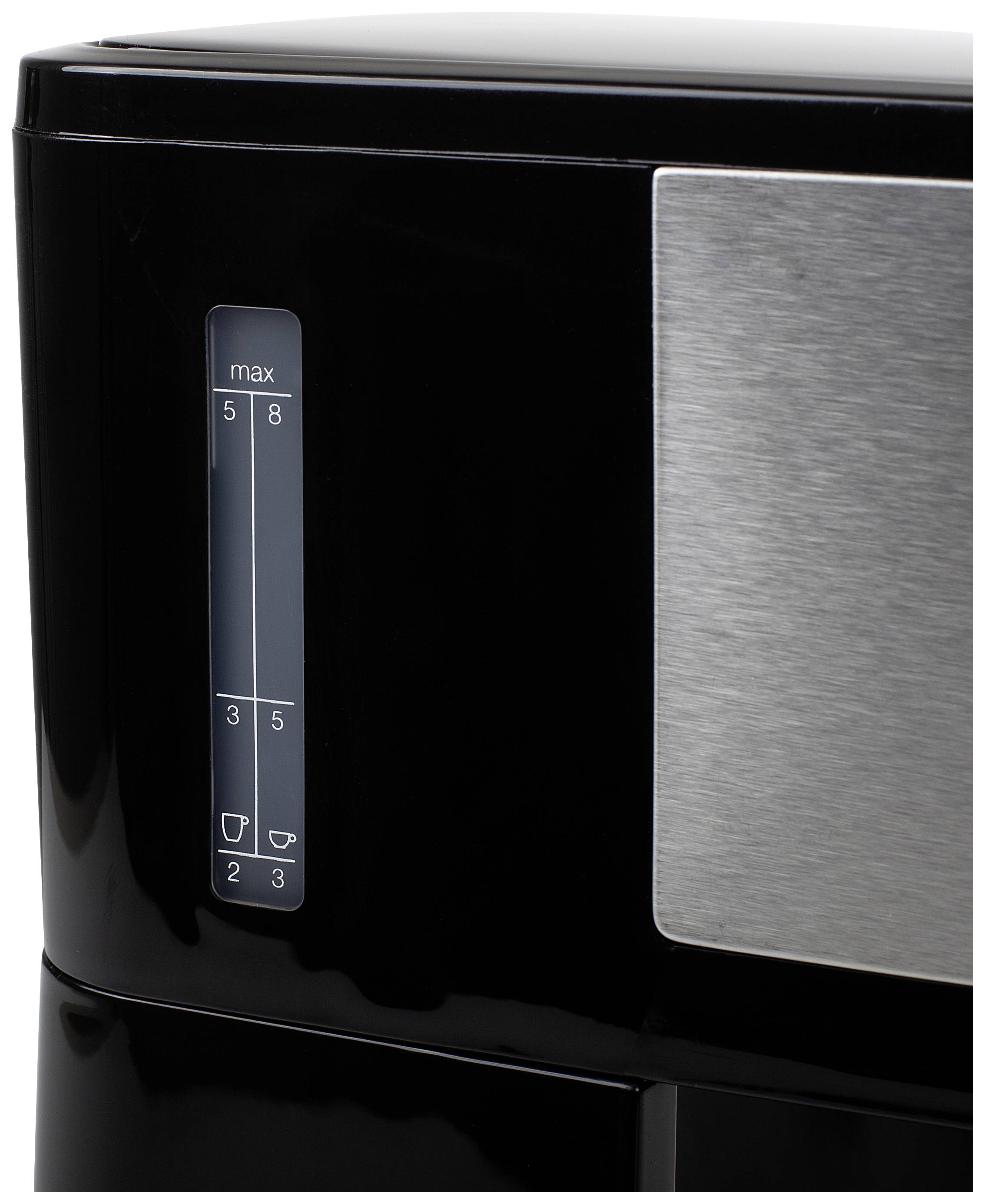 A black electric kettle with a transparent water level indicator. Markings show quantities for different cups.
