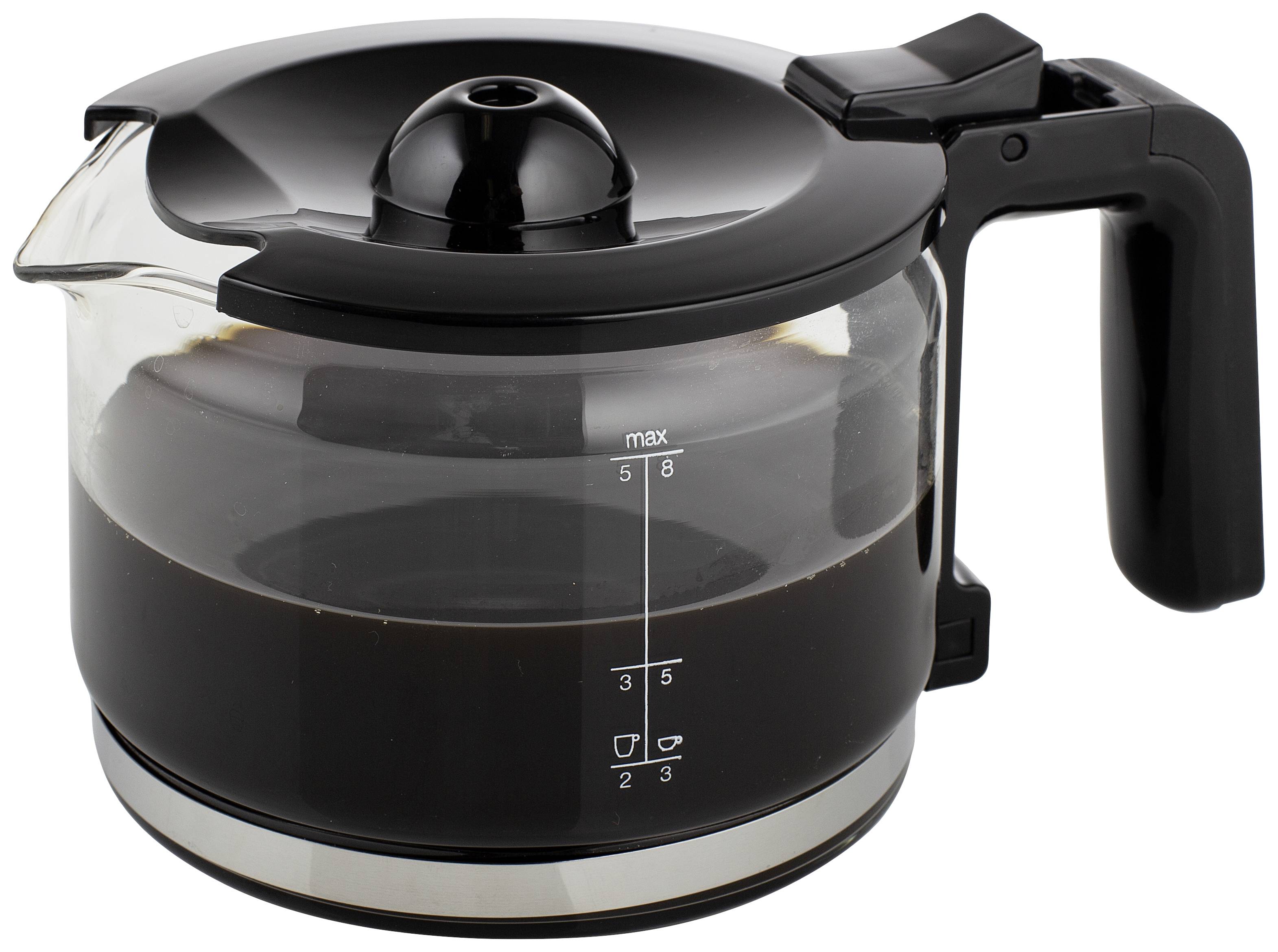A glass coffee pot with a black handle, filled with coffee. On the side are measurement markings: 'max', '5', '8', '2', '3'.