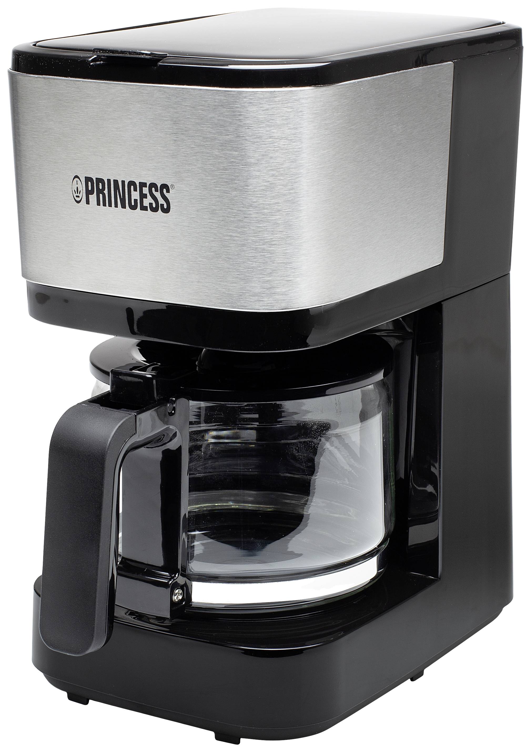 'Black coffee machine with silver accent and glass carafe. Brand name on the front.'