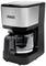 'Black coffee machine with silver accent and glass carafe. Brand name on the front.'