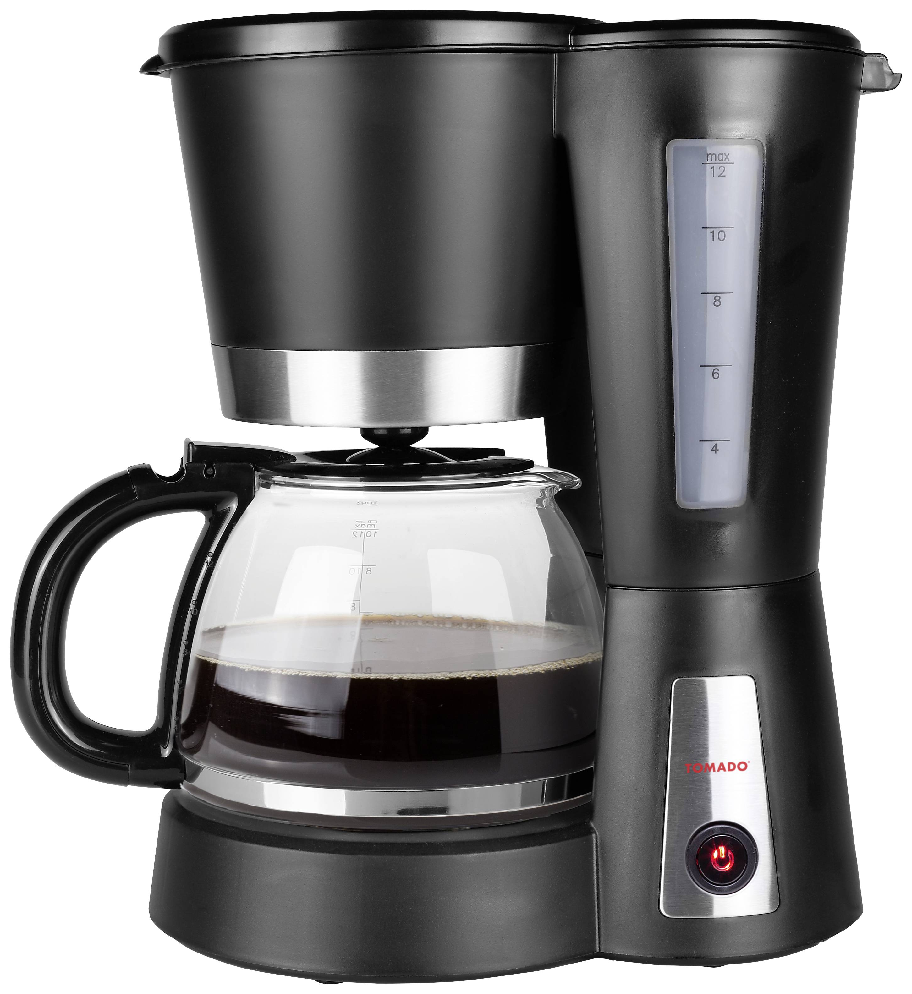 Black coffee machine with glass carafe, half-filled with freshly brewed coffee, water level indicator on the right-hand side.