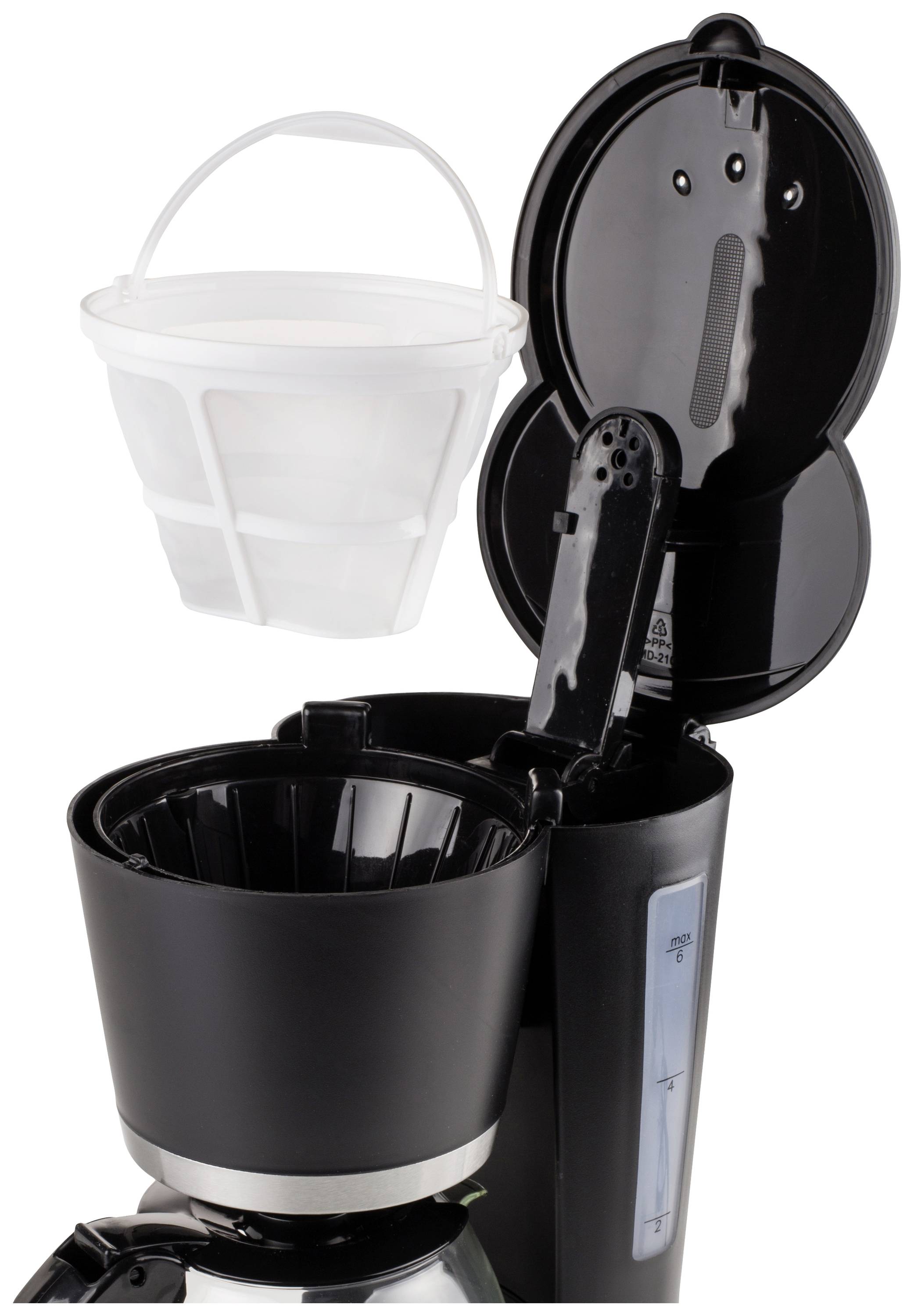 Coffee machine with an open water tank and filter holder. A removable white filter basket is shown alongside.