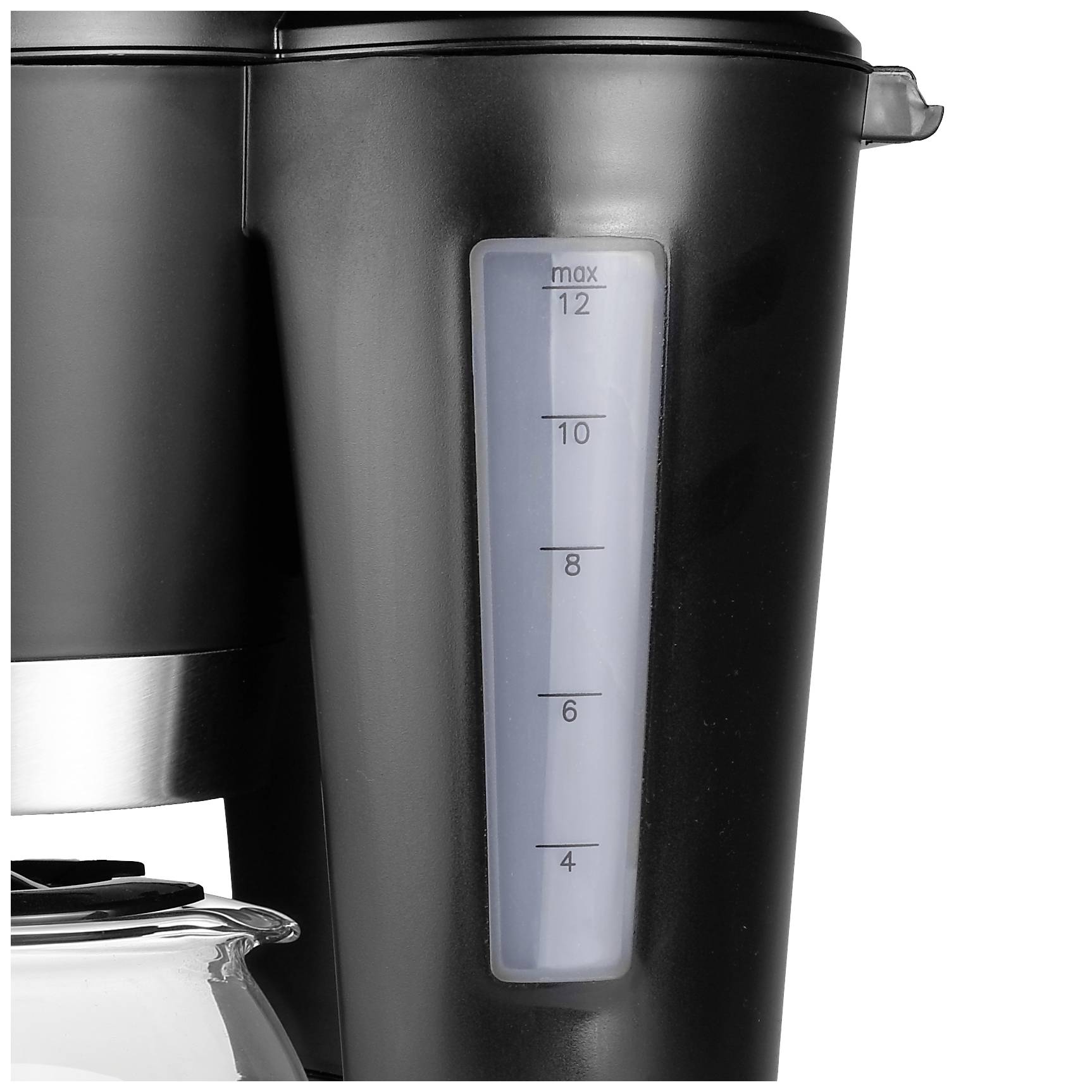 Close-up of a black kettle with a transparent water level indicator showing a maximum capacity of 12 cups.
