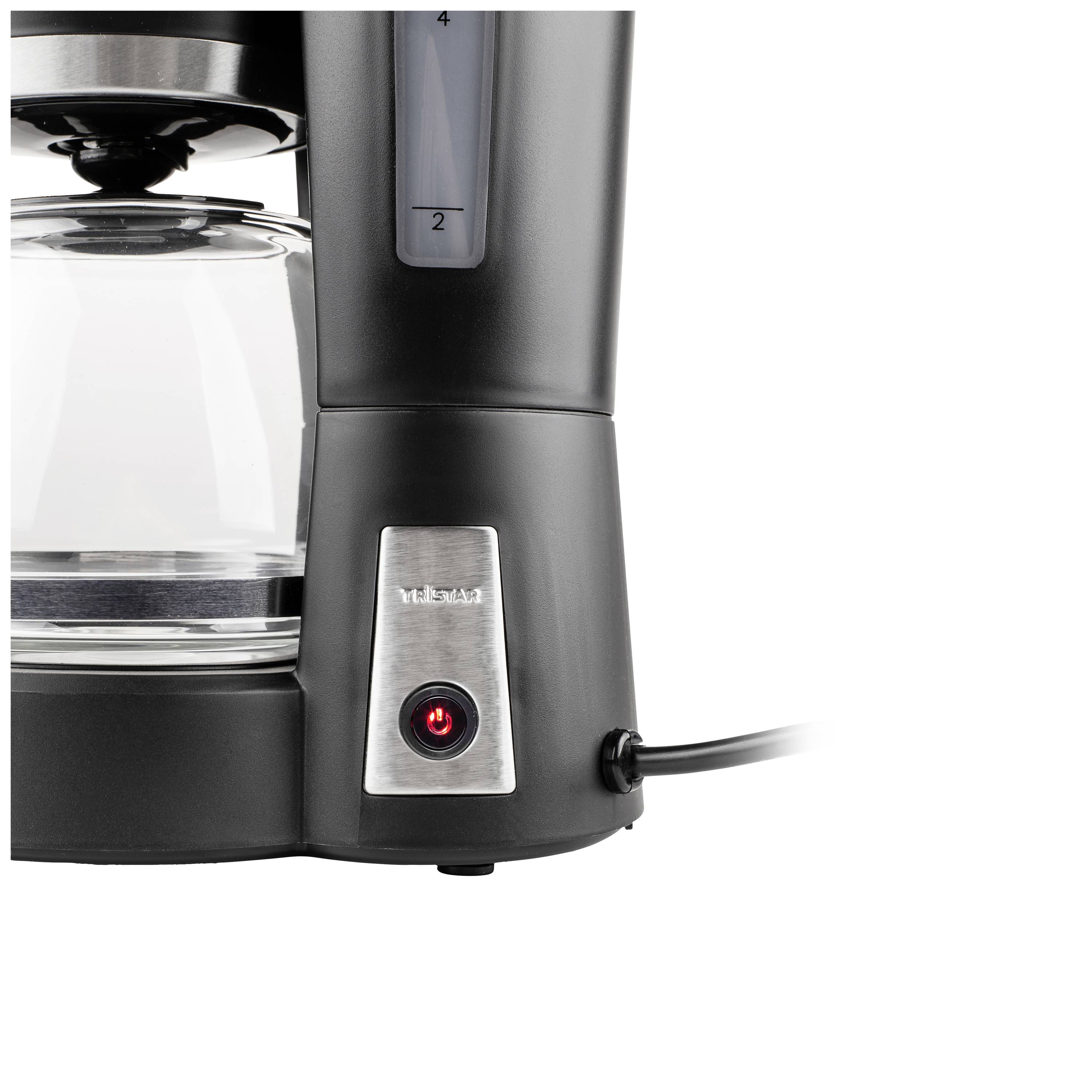 A black coffee machine with a glass carafe, water level indicator and illuminated on/off button on a white background.