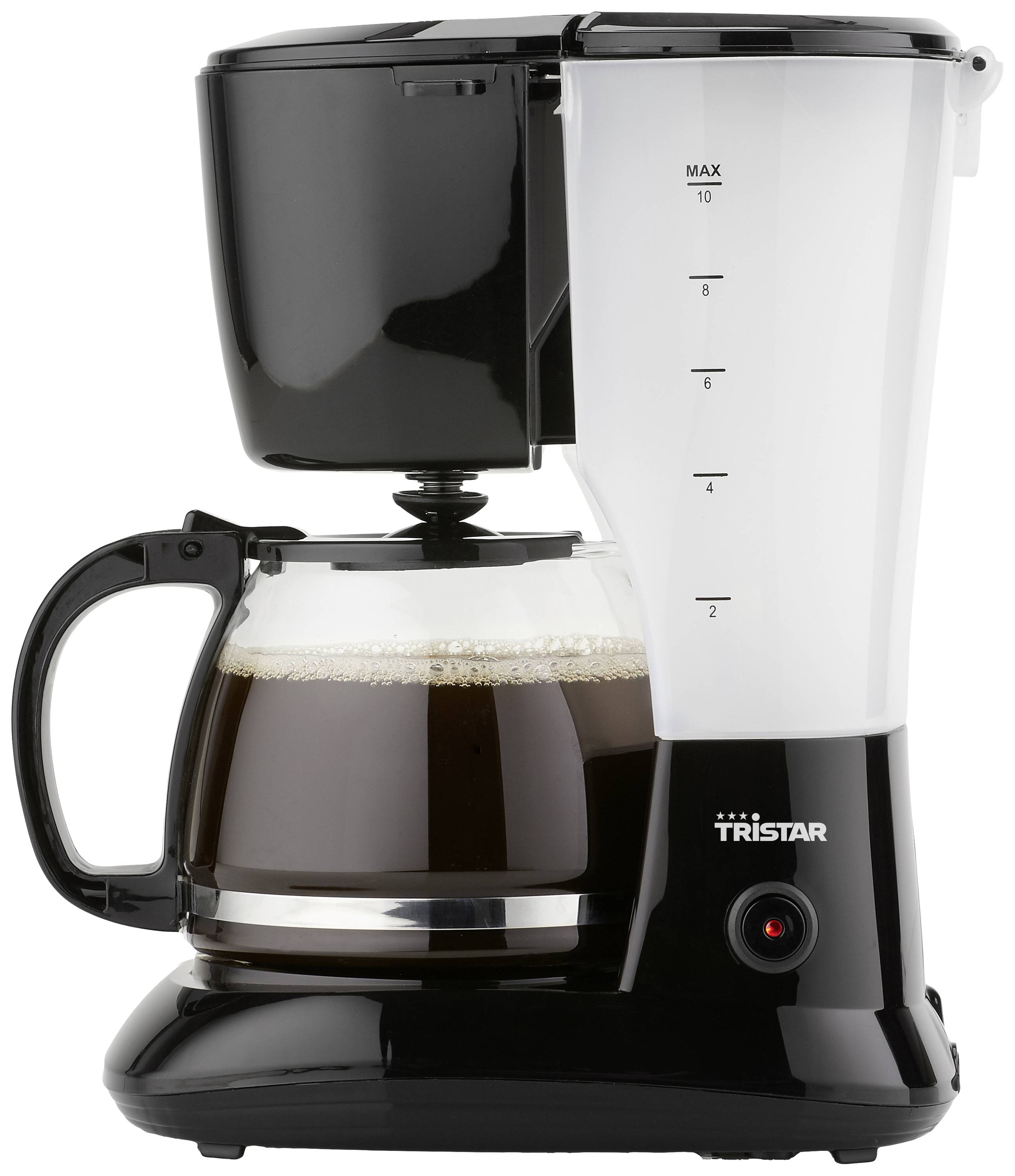 Coffee machine with a glass carafe, half-filled with coffee. Markings on the water tank indicate the water level.