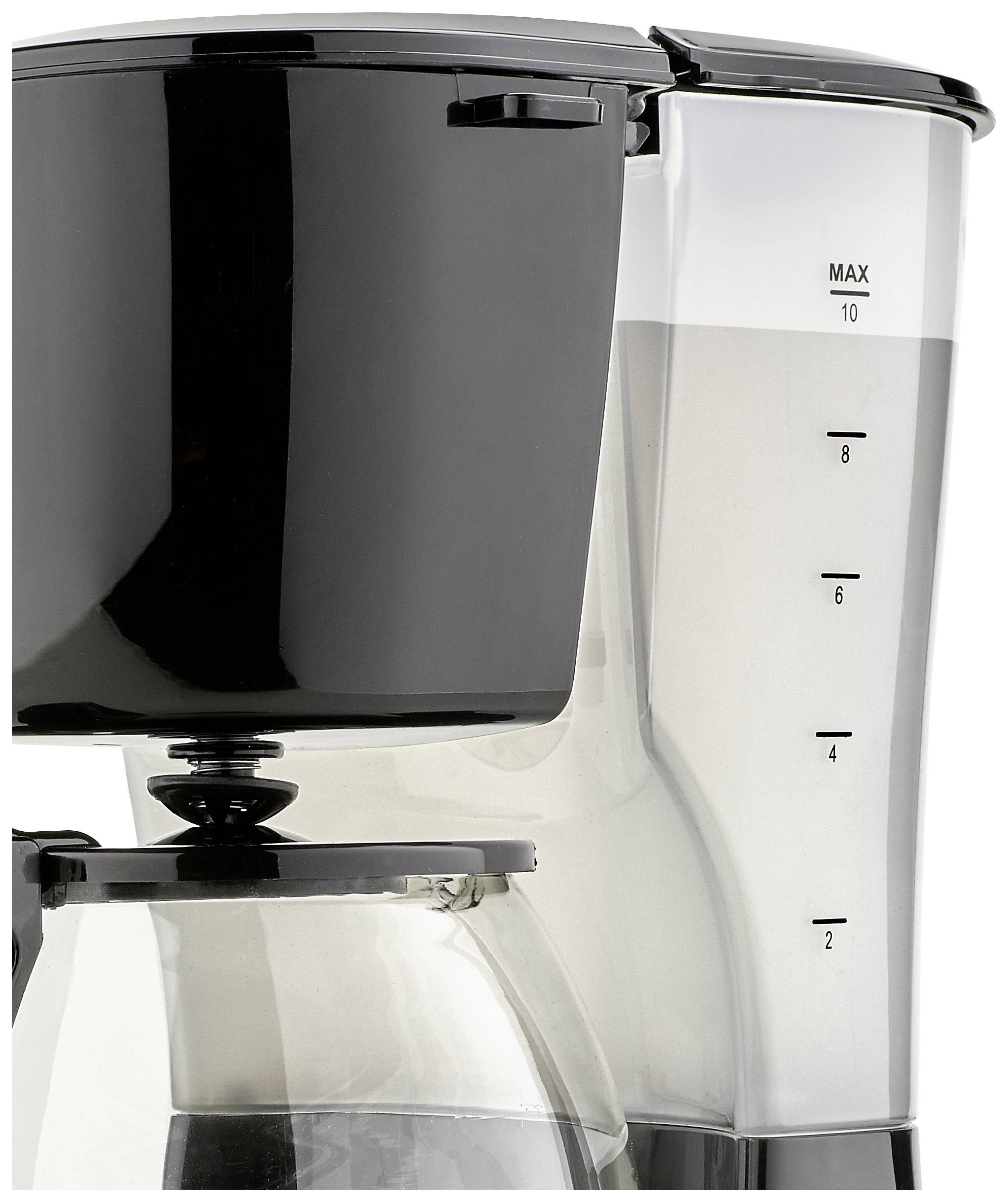 Black coffee machine with glass carafe and water tank, with a scale marked for water quantity up to 10.