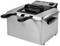 'Silver deep fat fryer with two black handles and a control panel with switches and lights.'