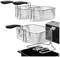 Deep fat fryer with two removable, metal wire mesh baskets and black handles. Baskets positioned over heating coils.