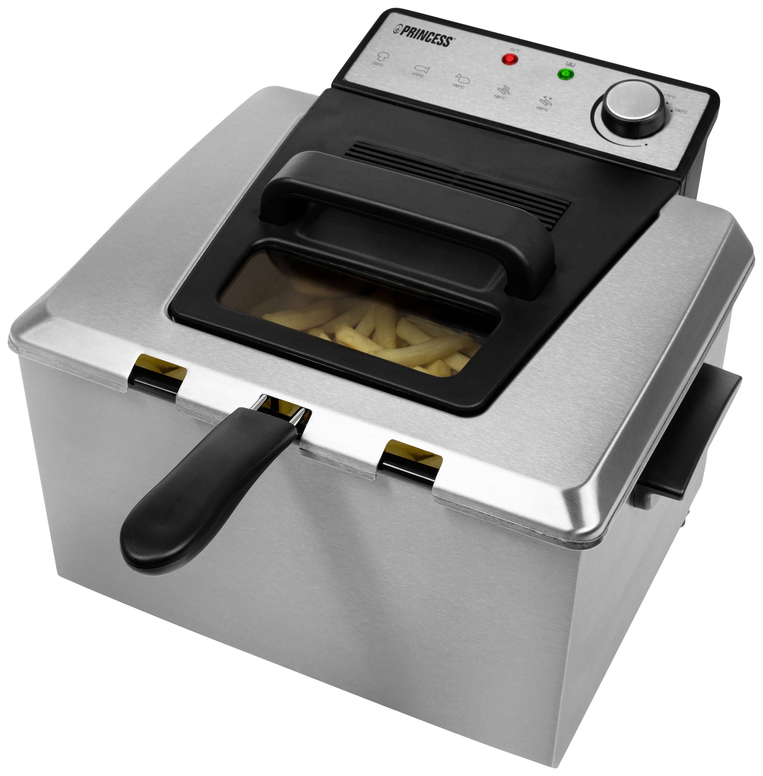 Stainless steel deep fat fryer with a viewing window in the lid. Chips are visible inside. Control panel on top with rotary dial and indicator lights.