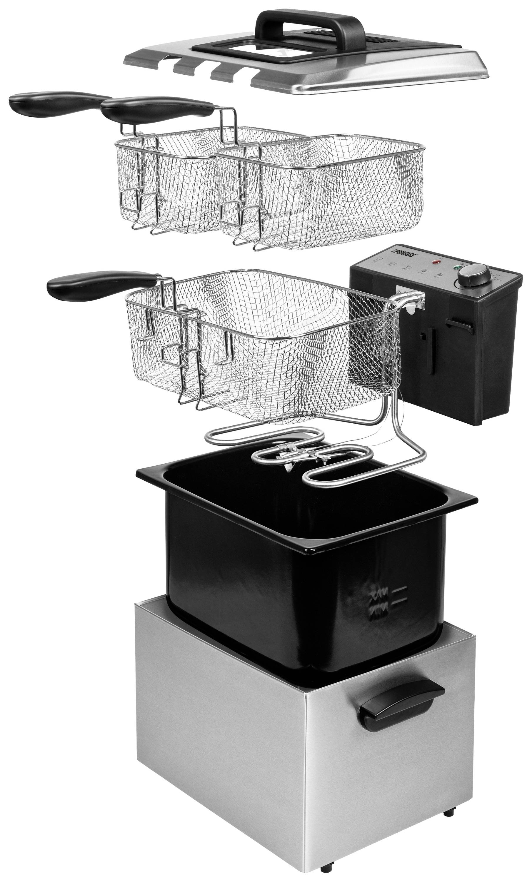 Exploded diagram of a deep fat fryer: lid, two frying baskets, heating element, oil container, and housing displayed in vertical sequence.