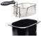 Chips basket with a black handle over a black container, showing placement in a deep-fat fryer.