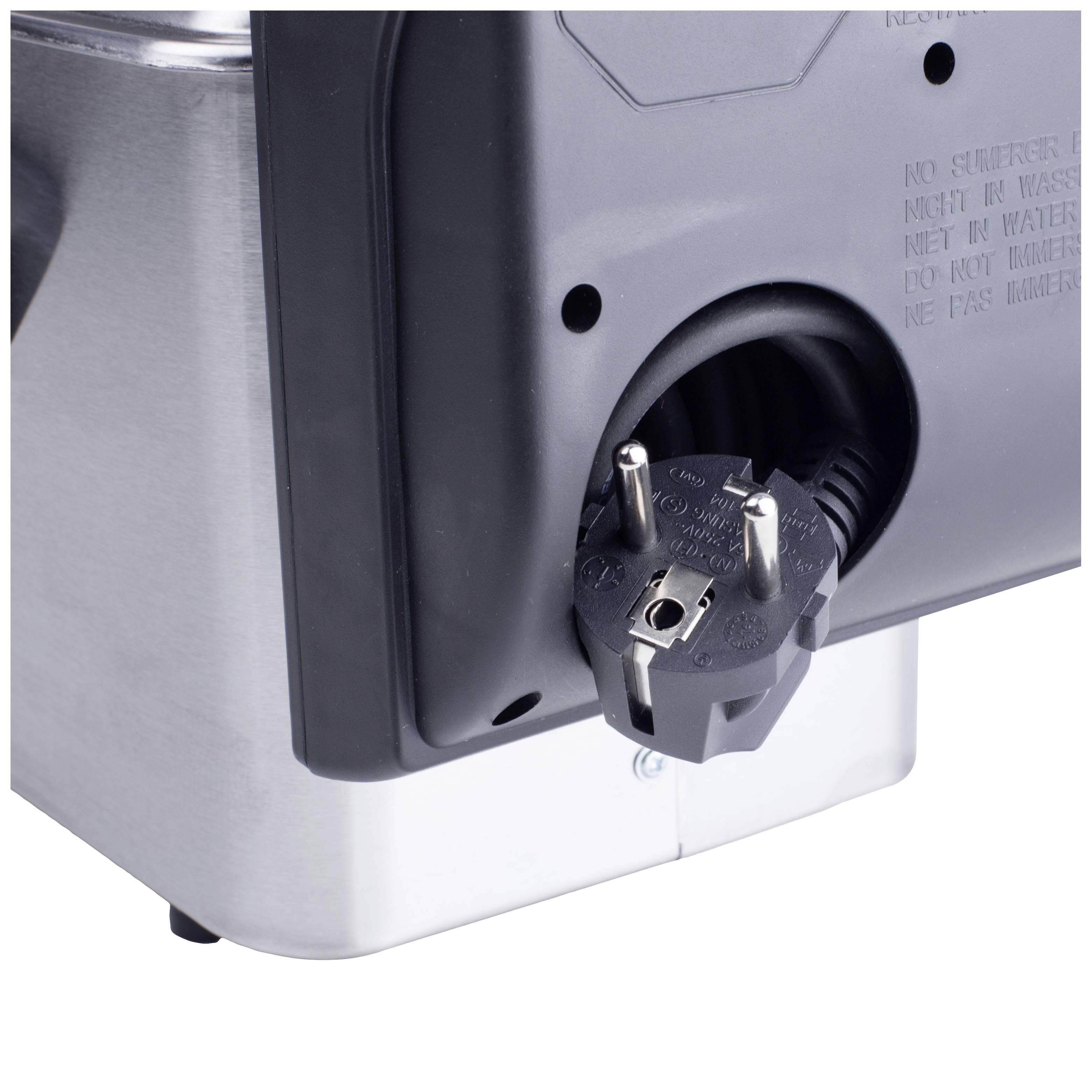 A grey electrical appliance with a detachable power cable neatly coiled at the back. The plug is European-style.