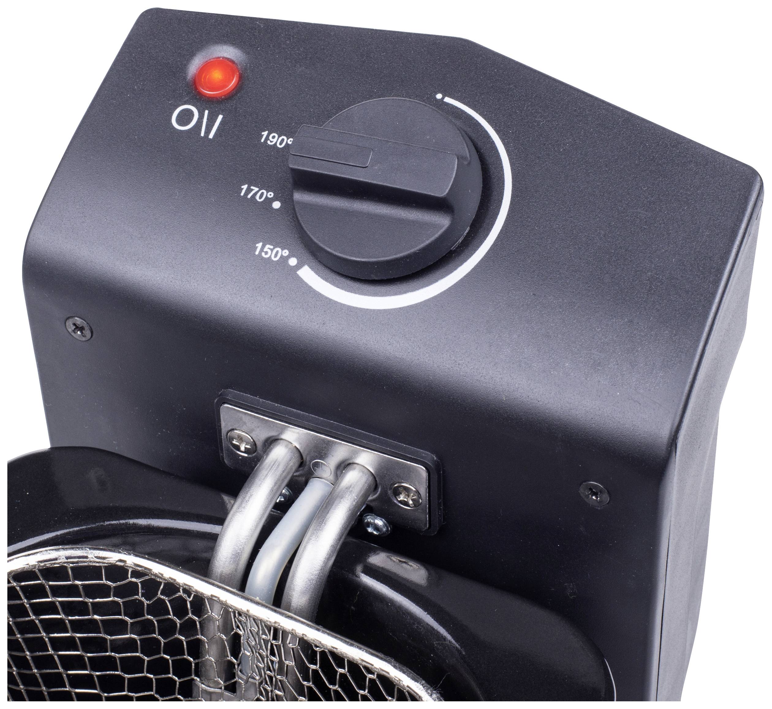 Deep fat fryer, close-up of temperature control set between 150 and 190 degrees Celsius. A red indicator light is illuminated at the top.