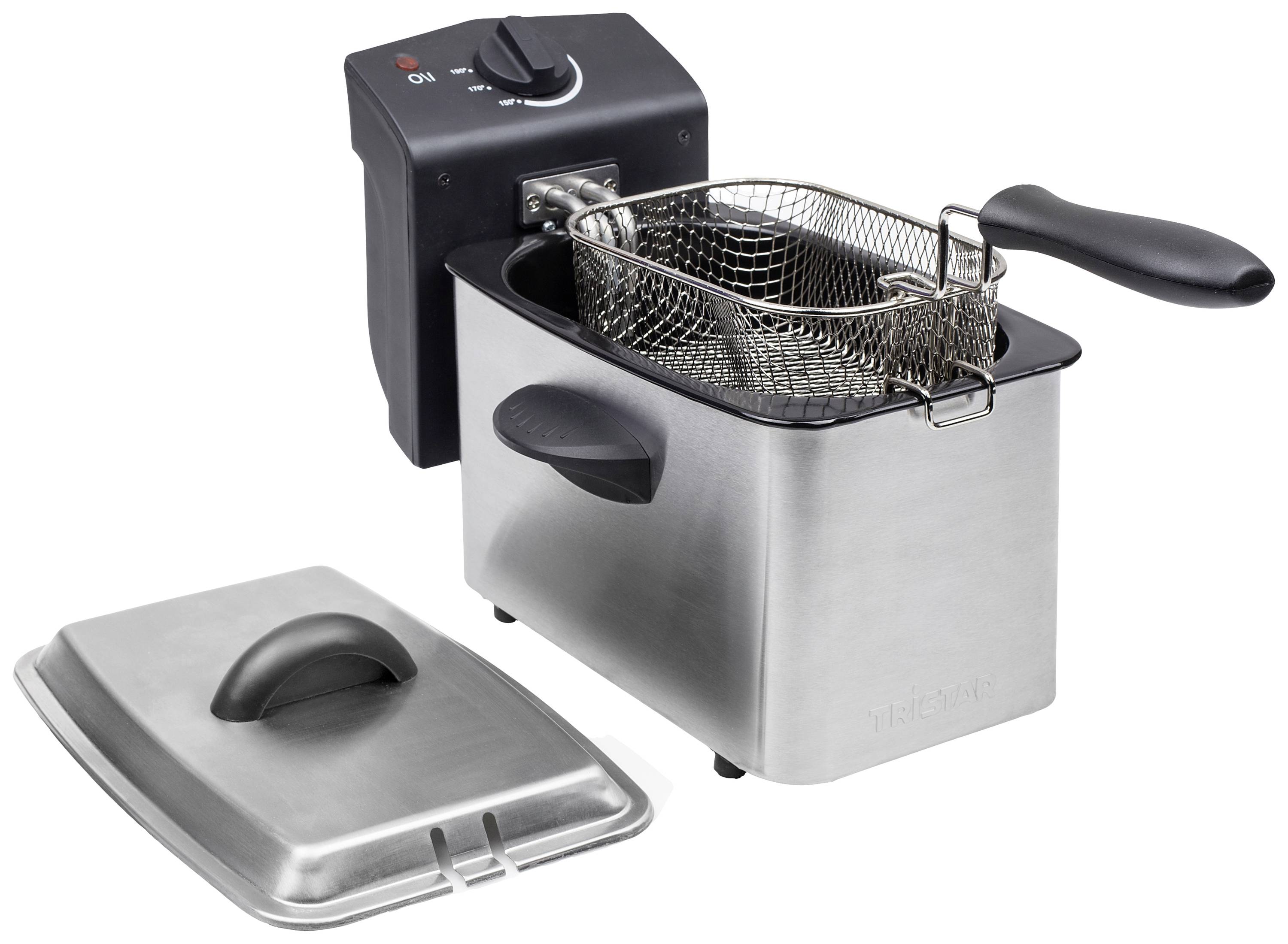 'Stainless steel deep fat fryer with removable basket and lid. The temperature control is clearly visible with a power on/off indicator.'