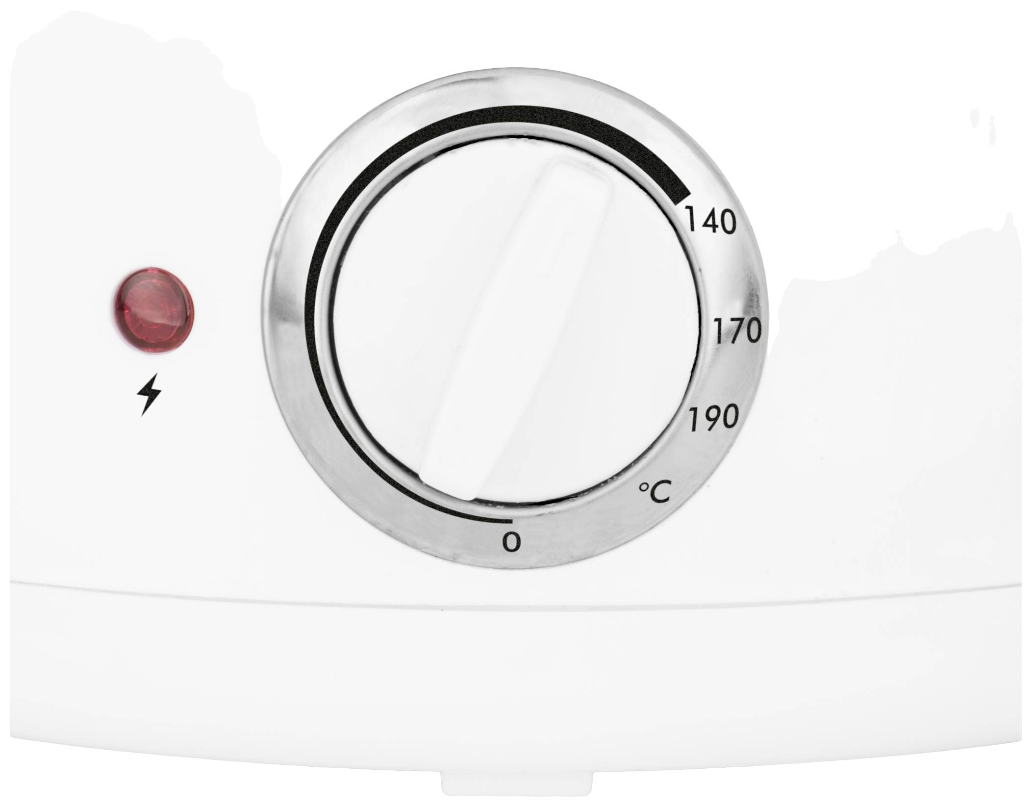 A white temperature control dial with a rotary knob ranging from 0 to 190 degrees and a red indicator light.