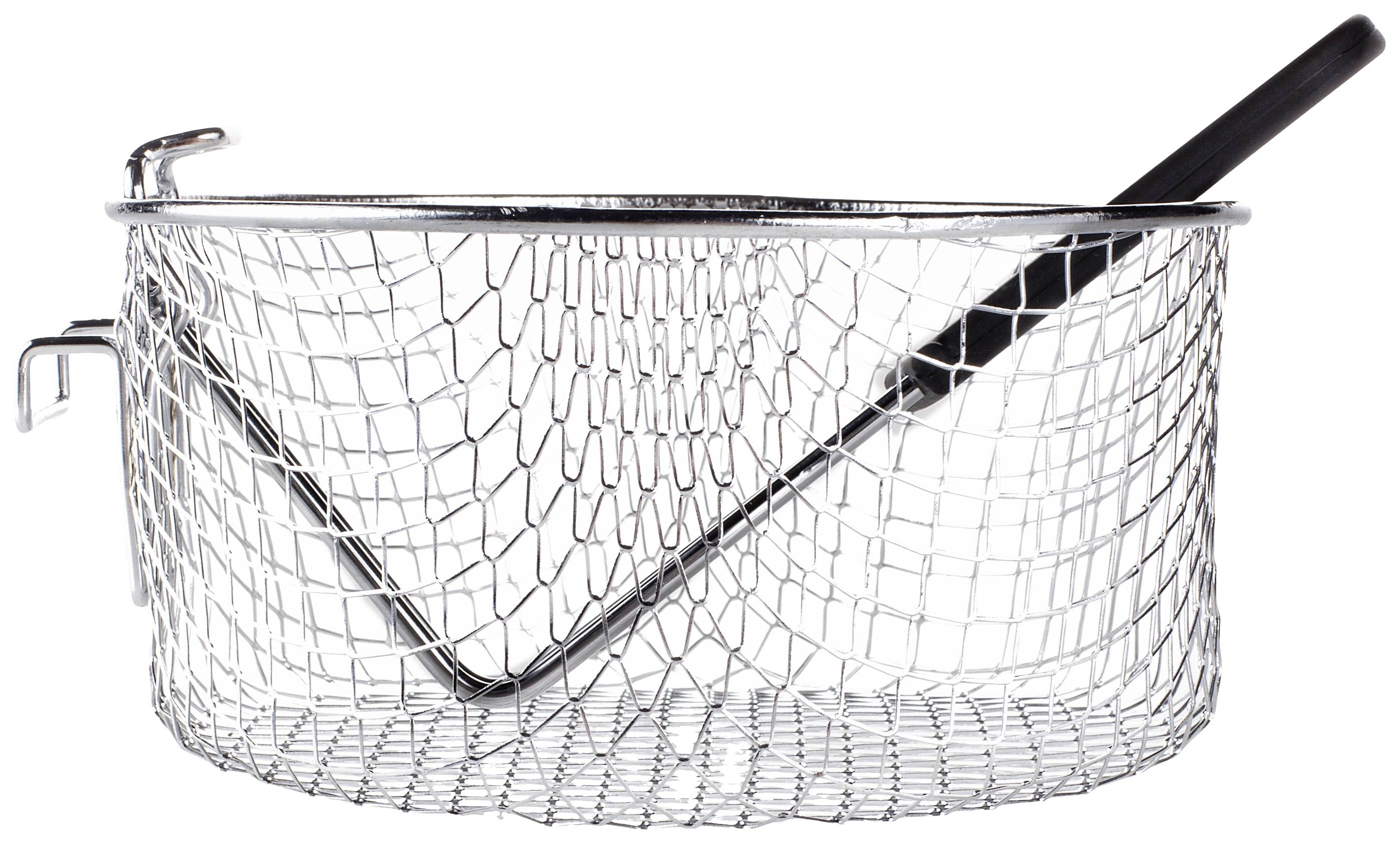 A metal basket with a black handle on the side, suitable for deep frying food in hot oil.